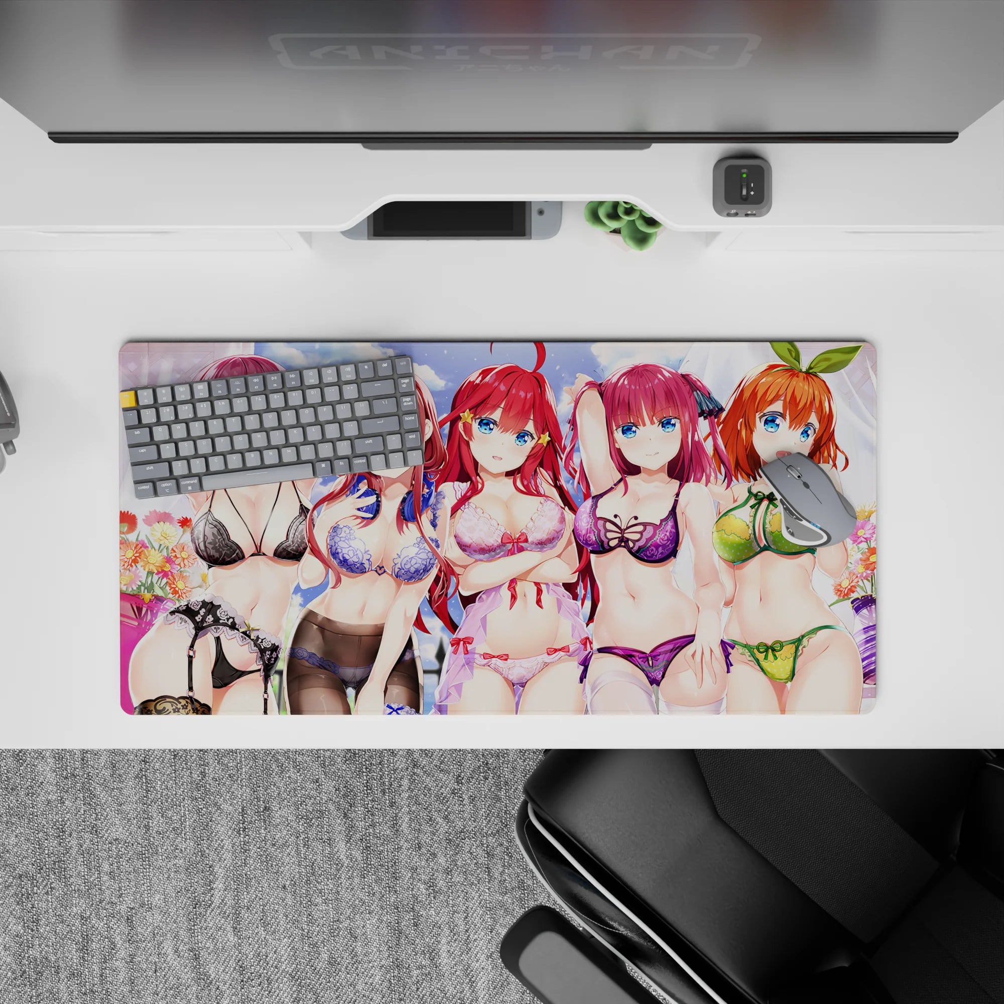 32x16 inches anime mouse pad in bright violet, red, and orange hair tones with playful summer pin-up vibe.
