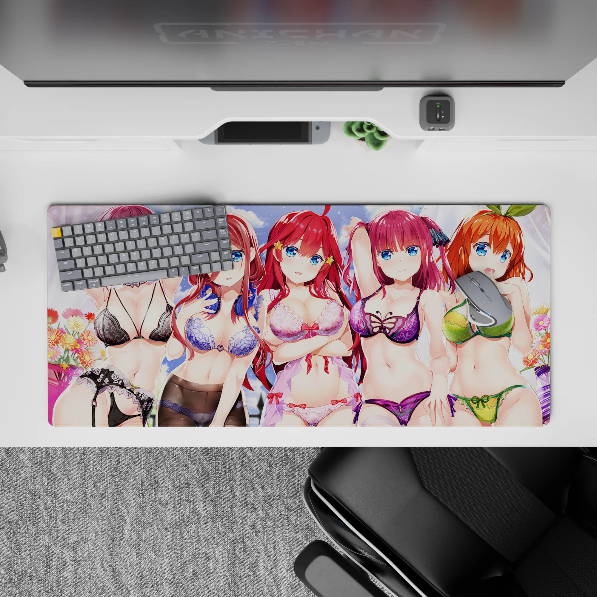 36x16 inches pastel sky mouse pad with violet, cherry-red, and orange hair in a flirty summer mood.