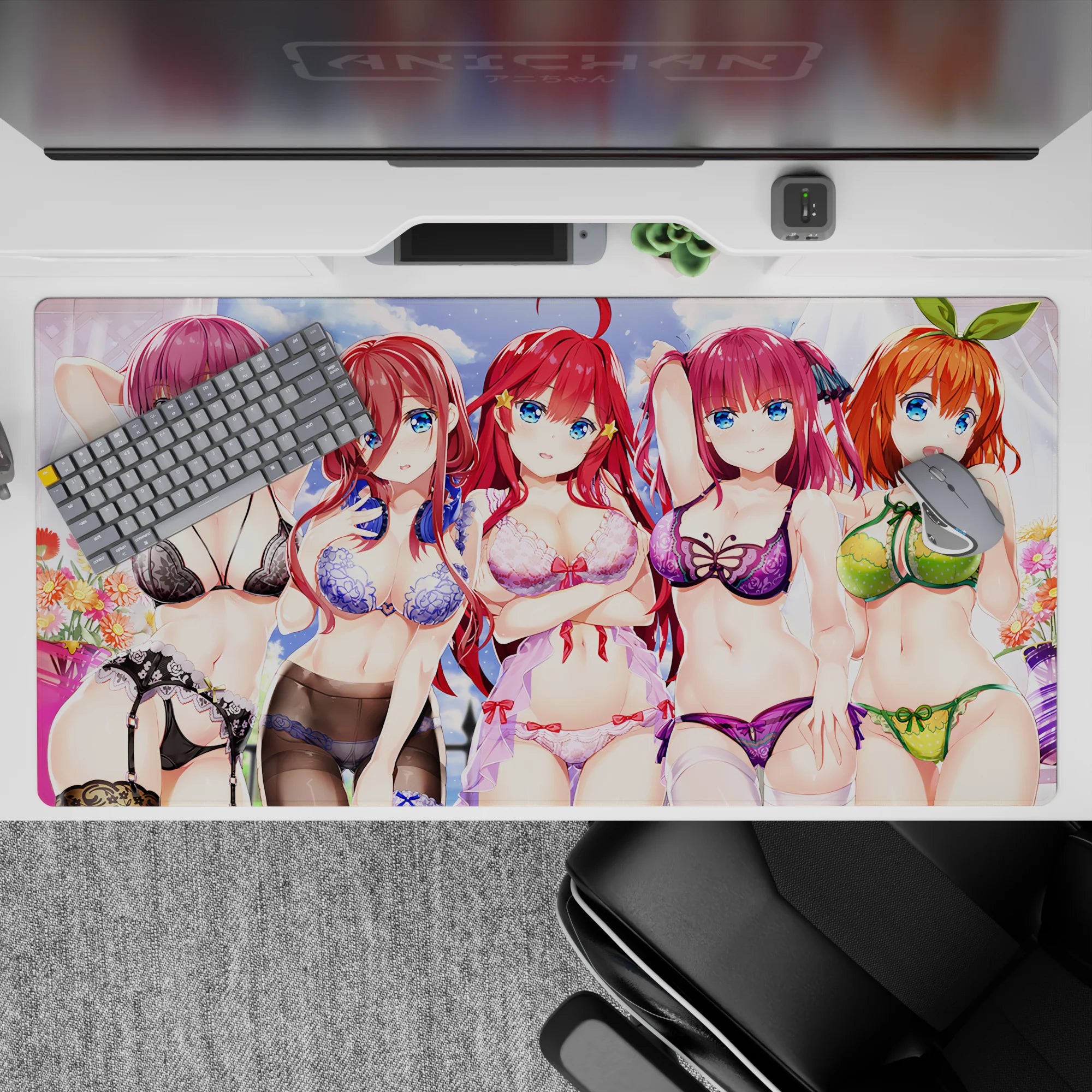 Vibrant anime desk pad 40x20 inches in pastel sky tones, playful flirty mood with bold hair colors.