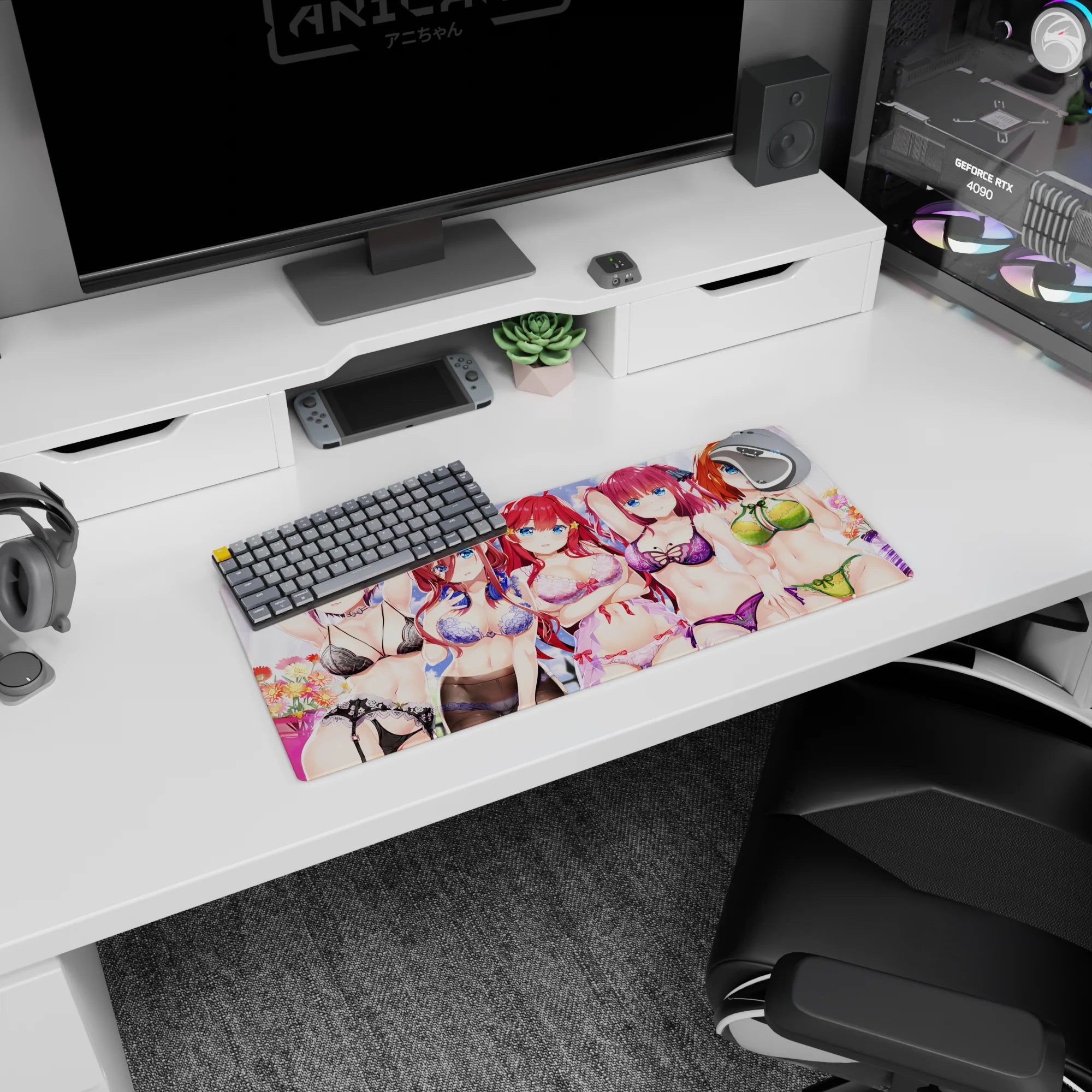 28x12 inches desk mat showing five confident anime girls in lace lingerie with garters, ribbons, and leaf bow.
