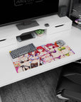 28x12 inches desk mat showing five confident anime girls in lace lingerie with garters, ribbons, and leaf bow.