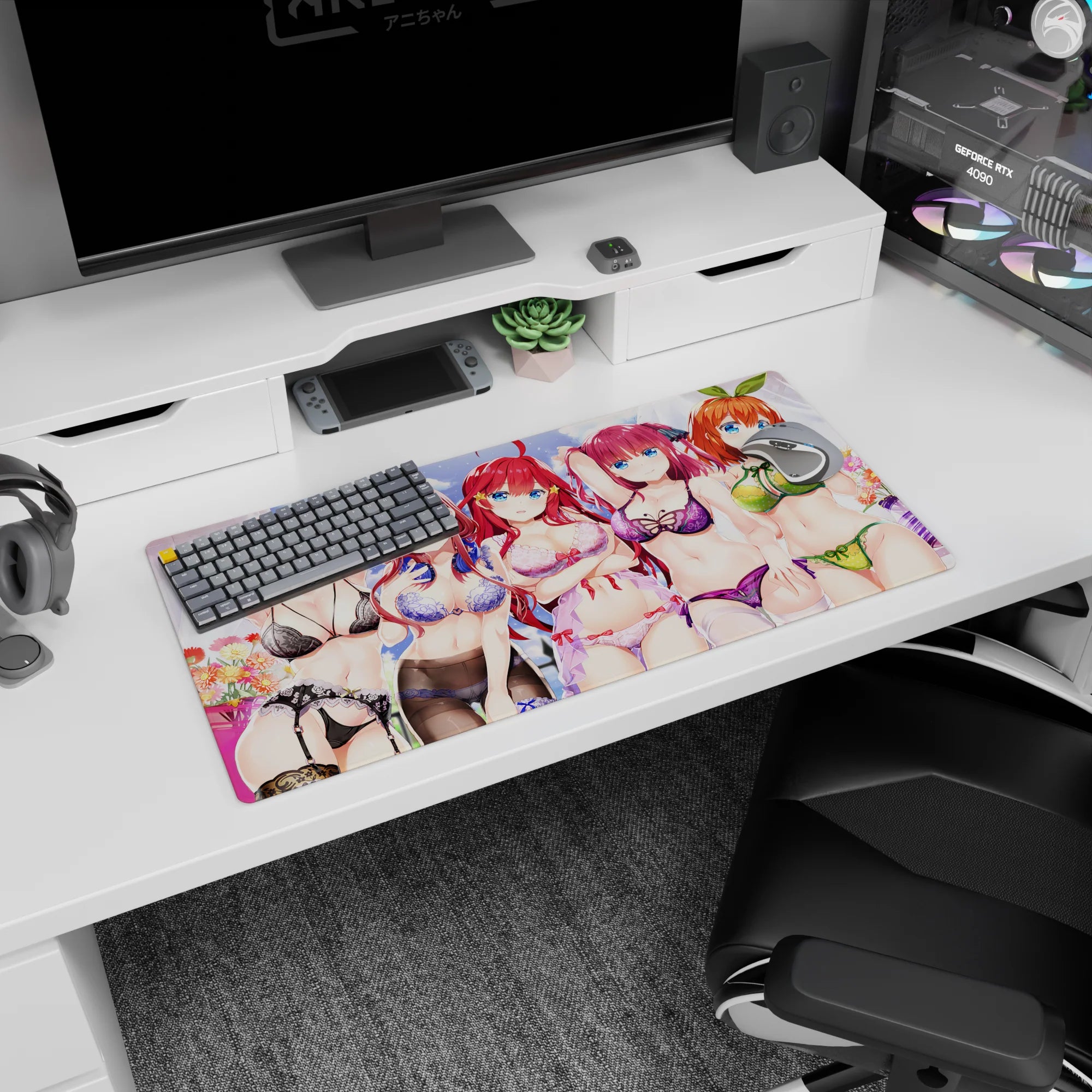 32x16 inches anime girl mouse pad showing five confident beauties posing in garters and ribbons beneath soft skies.
