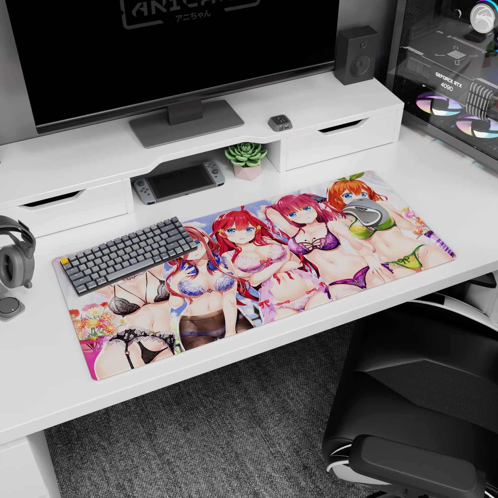 36x16 inches desk pad showing five confident anime girls posing playfully in lace lingerie and garters.