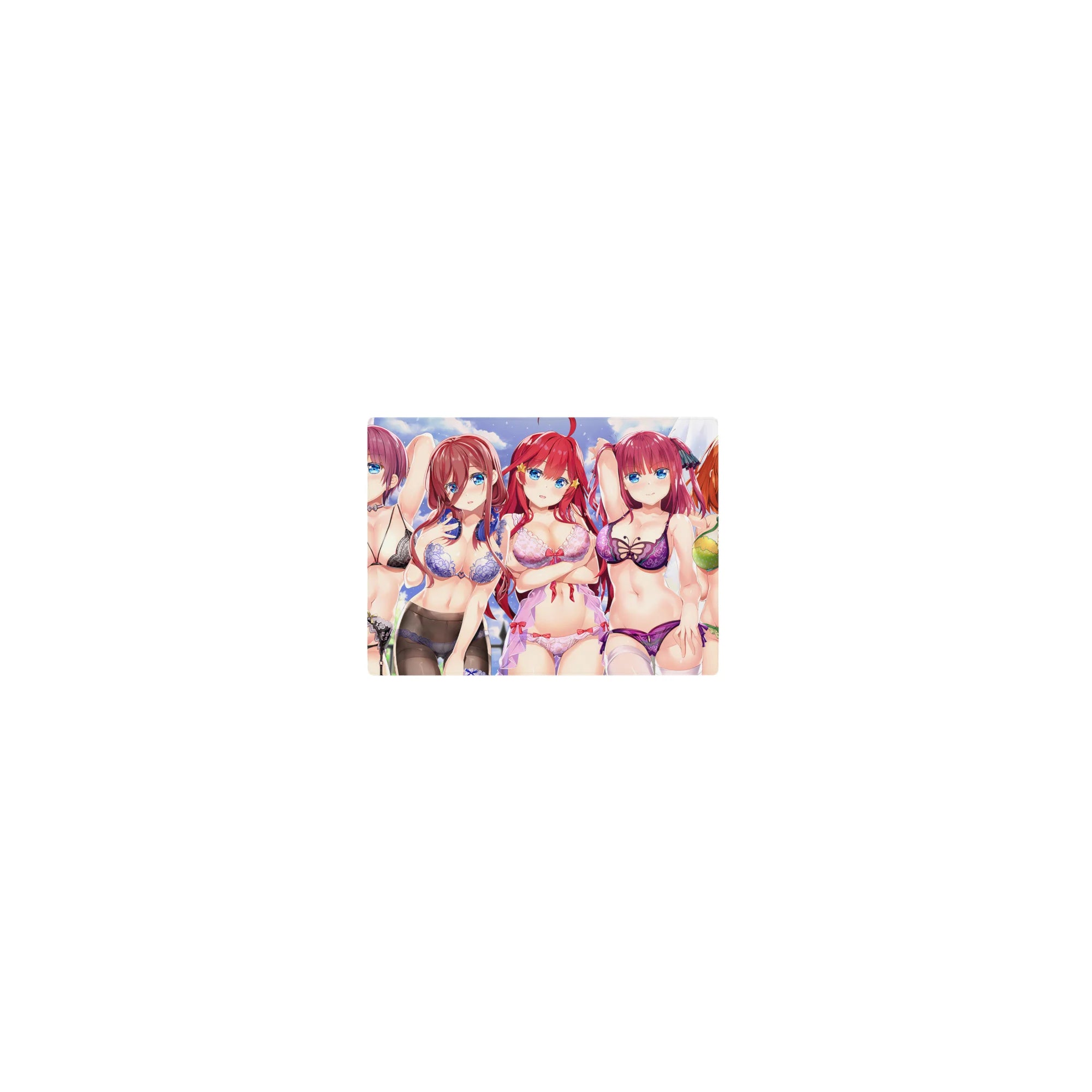 Classic anime girl mouse pad 14x10 inches with five lingerie-clad girls under pastel clouds, vivid print.