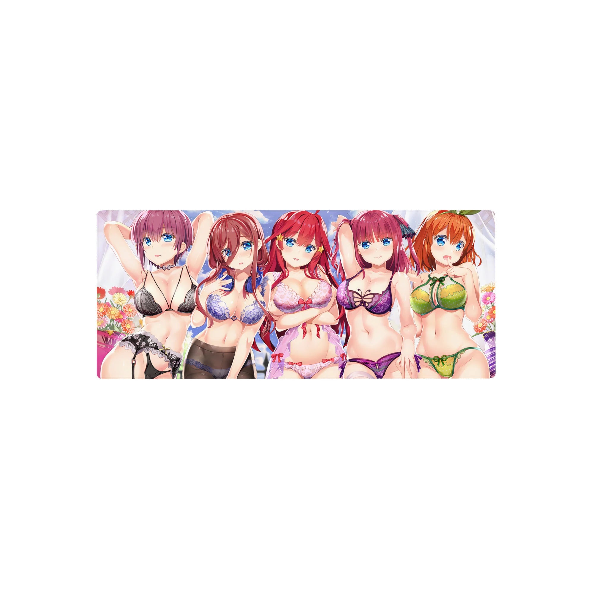 28x12 inches anime girl mouse pad with five lingerie-clad beauties under pastel clouds, vivid print.