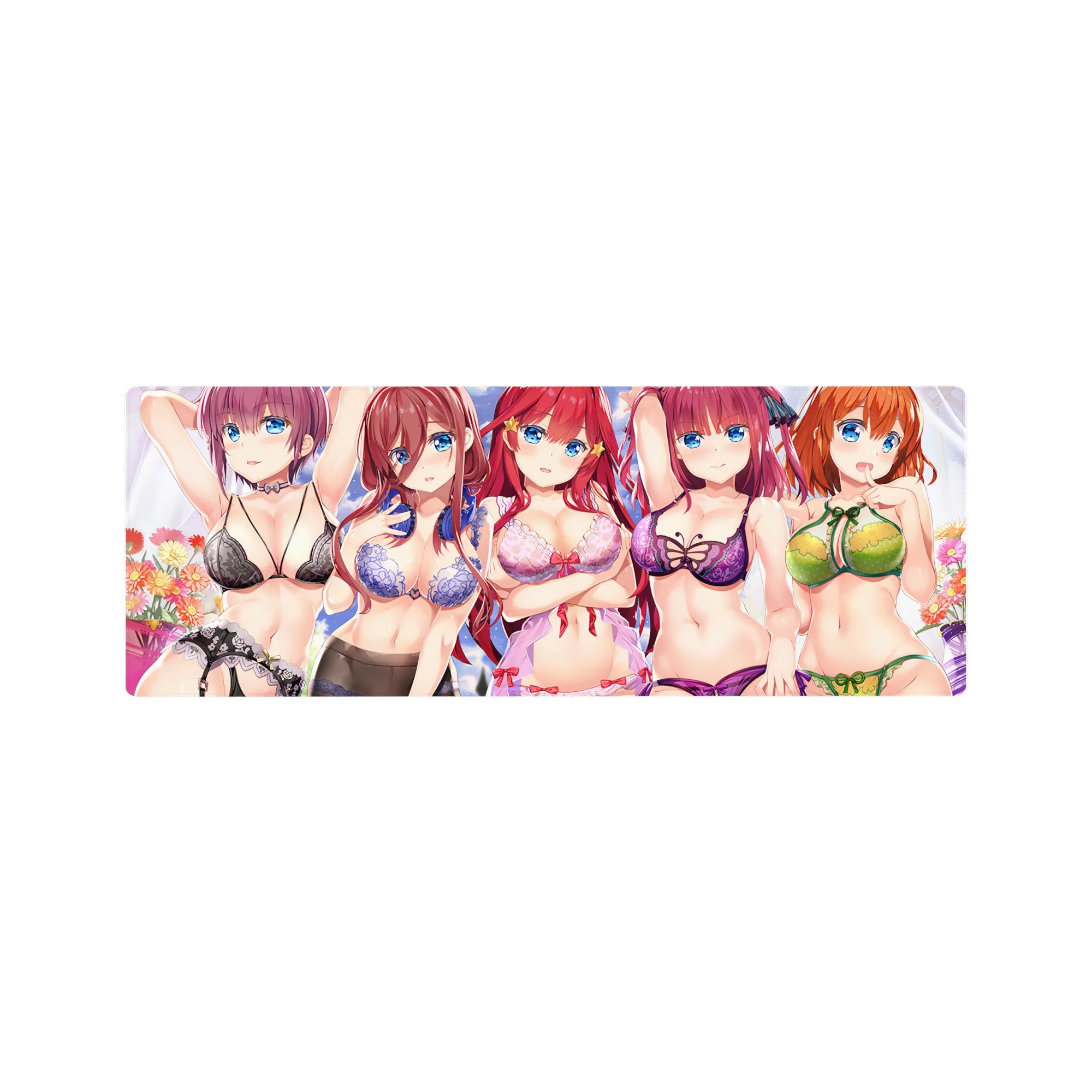 32x12 inches anime girl mouse pad with five flirty bikini-lingerie beauties under pastel clouds and light.