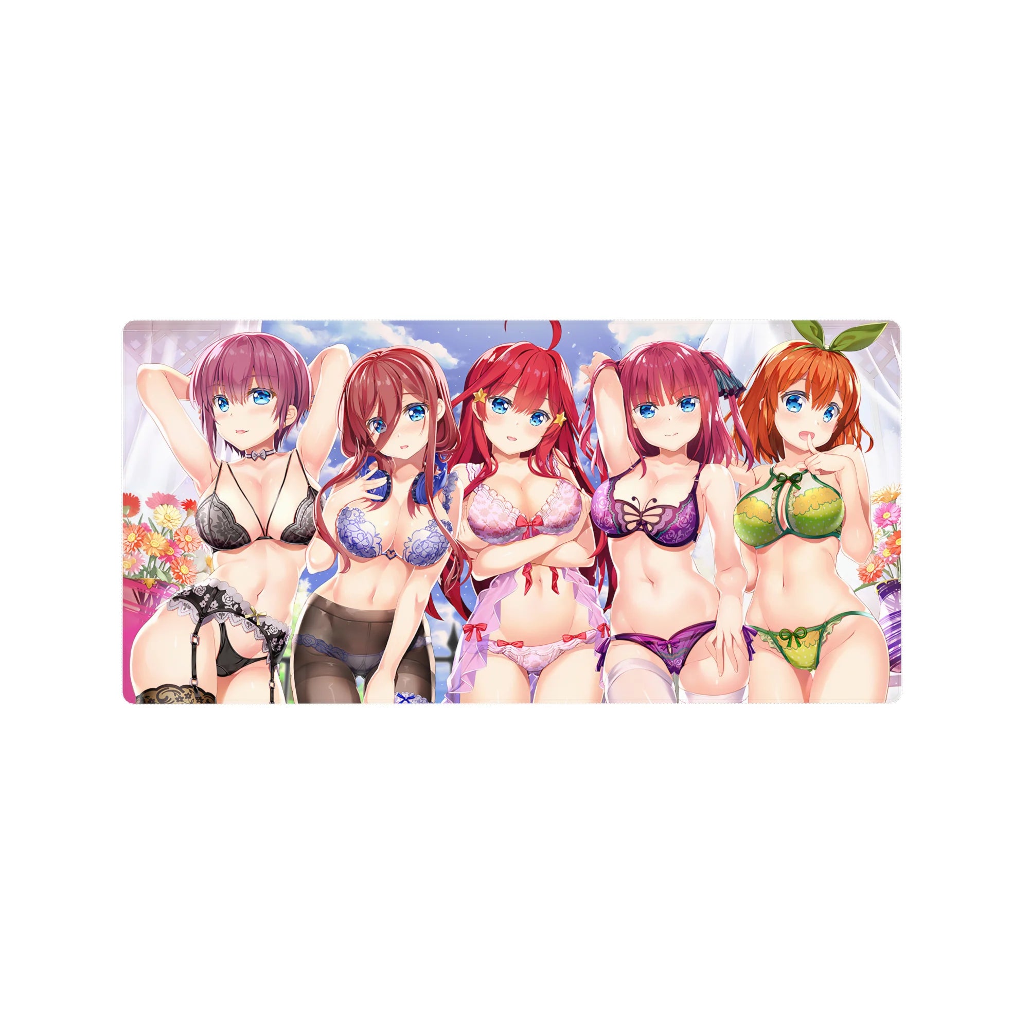 32x16 inches anime girl mouse pad with five flirty girls in lace lingerie under pastel clouds and sparkle.