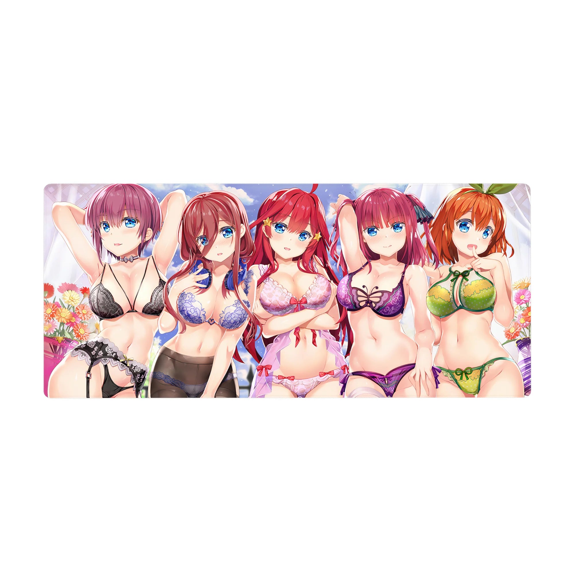 36x16 inches anime girl desk pad with five lingerie-clad beauties under soft clouds and sparkling light.