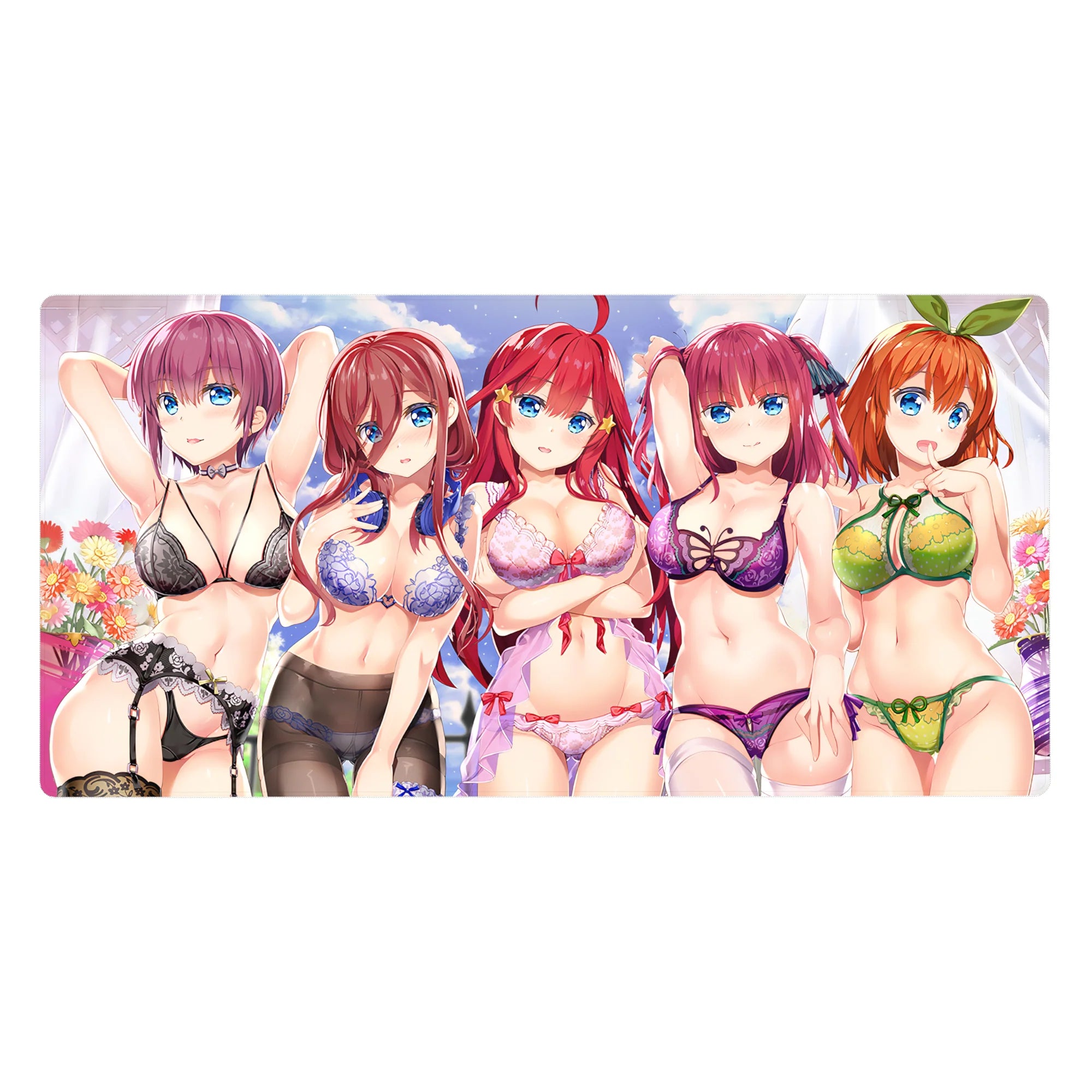 Anime girl desk pad 40x20 inches with five lingerie-clad beauties under soft clouds and sparkle.
