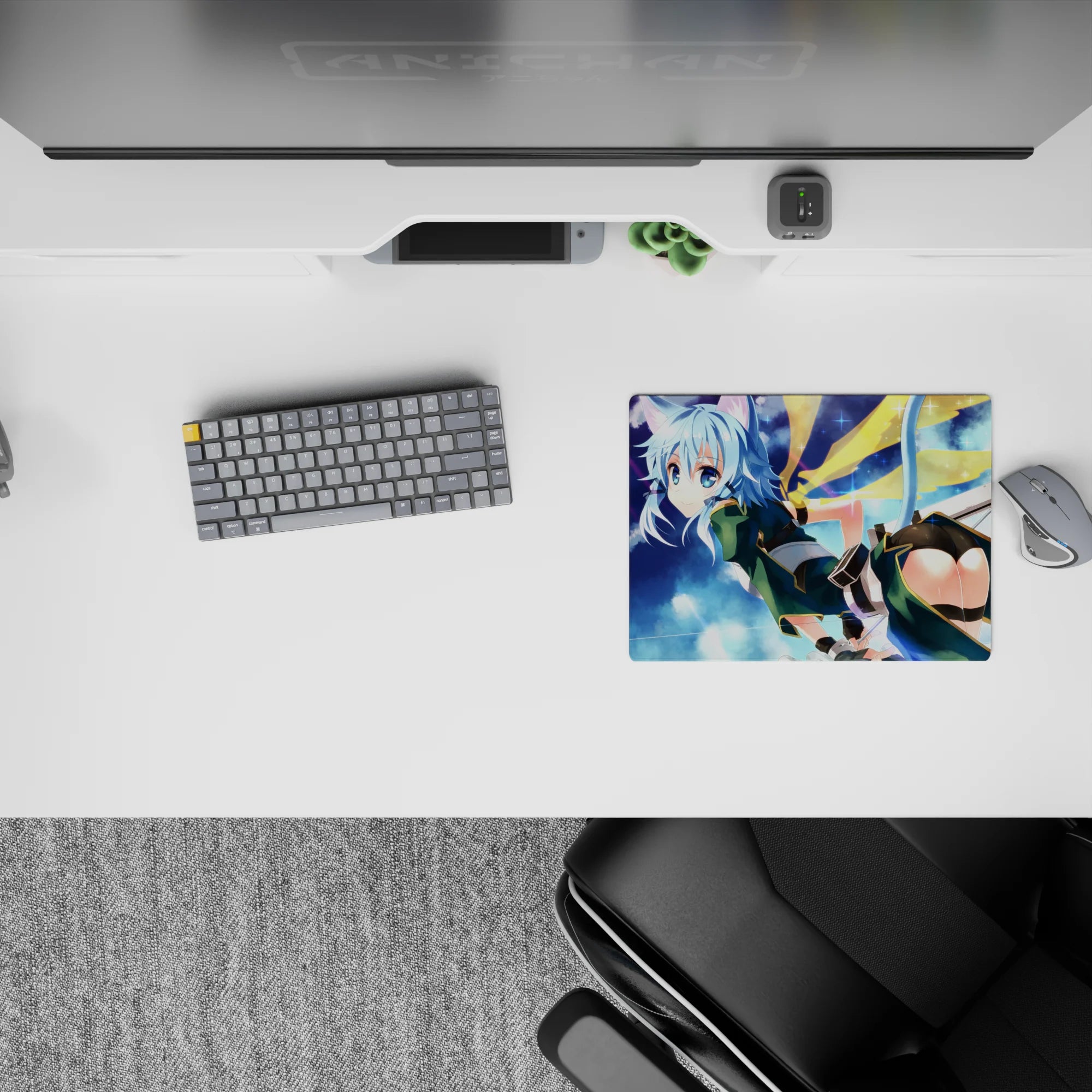 Anime mouse pad 14x10 inches featuring Sinon from Sword Art Online in teal outfit with cat ears against a starry sky.