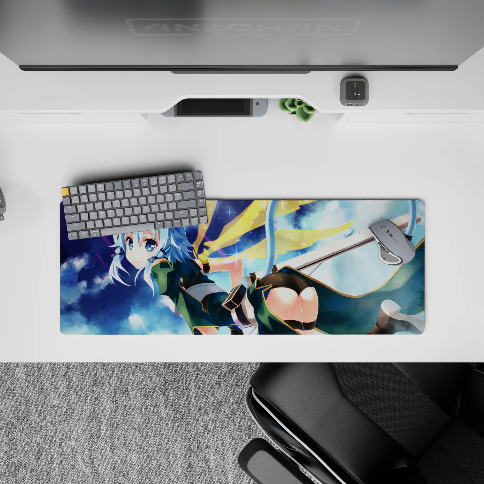 Anime mouse pad 32x12 inches featuring Sinon from Sword Art Online in a dreamy sky with teal outfit and cat ears.