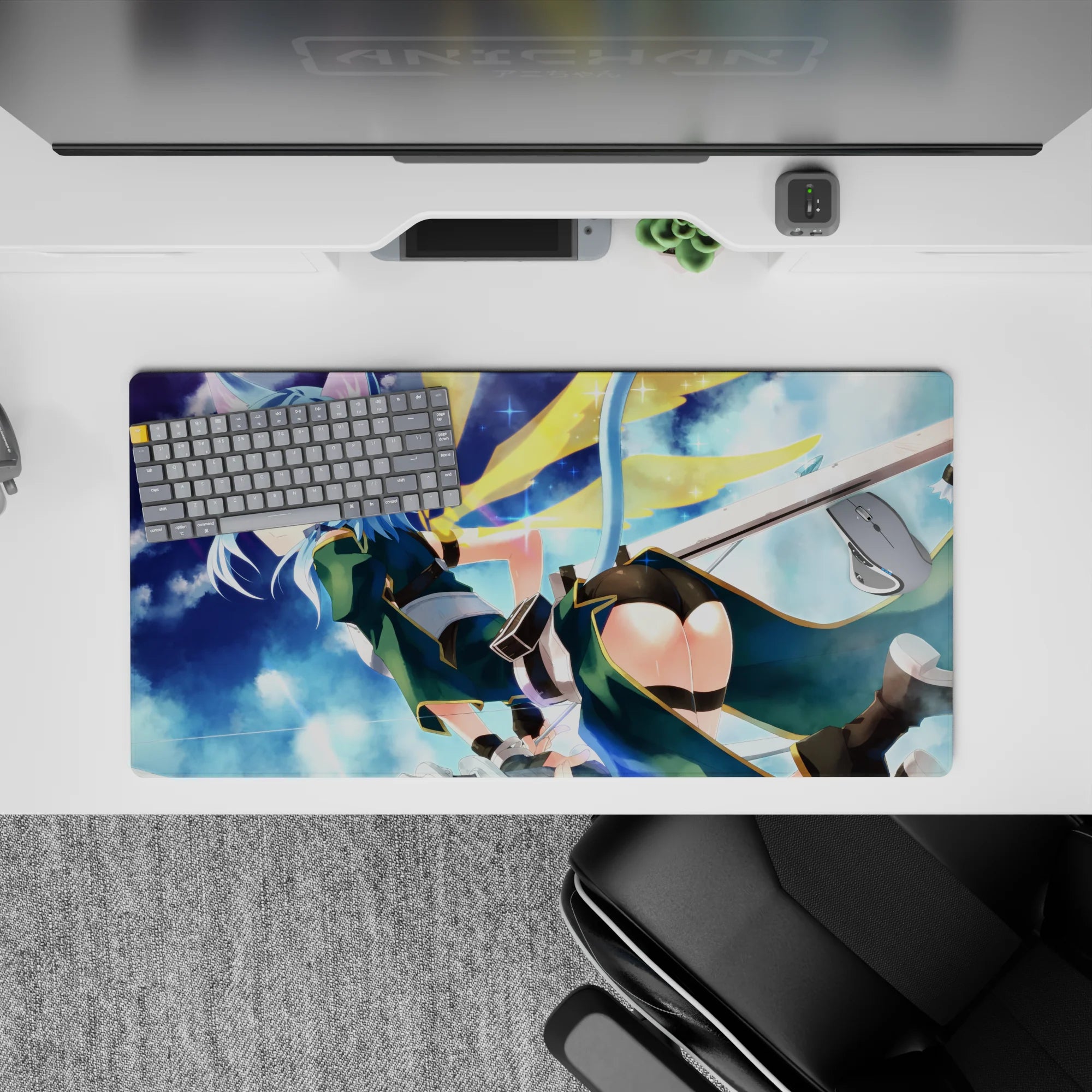 Mouse pad featuring Sinon from Sword Art Online, 32x16 inches, with a dreamy sky and teal outfit, enhancing your desk decor.