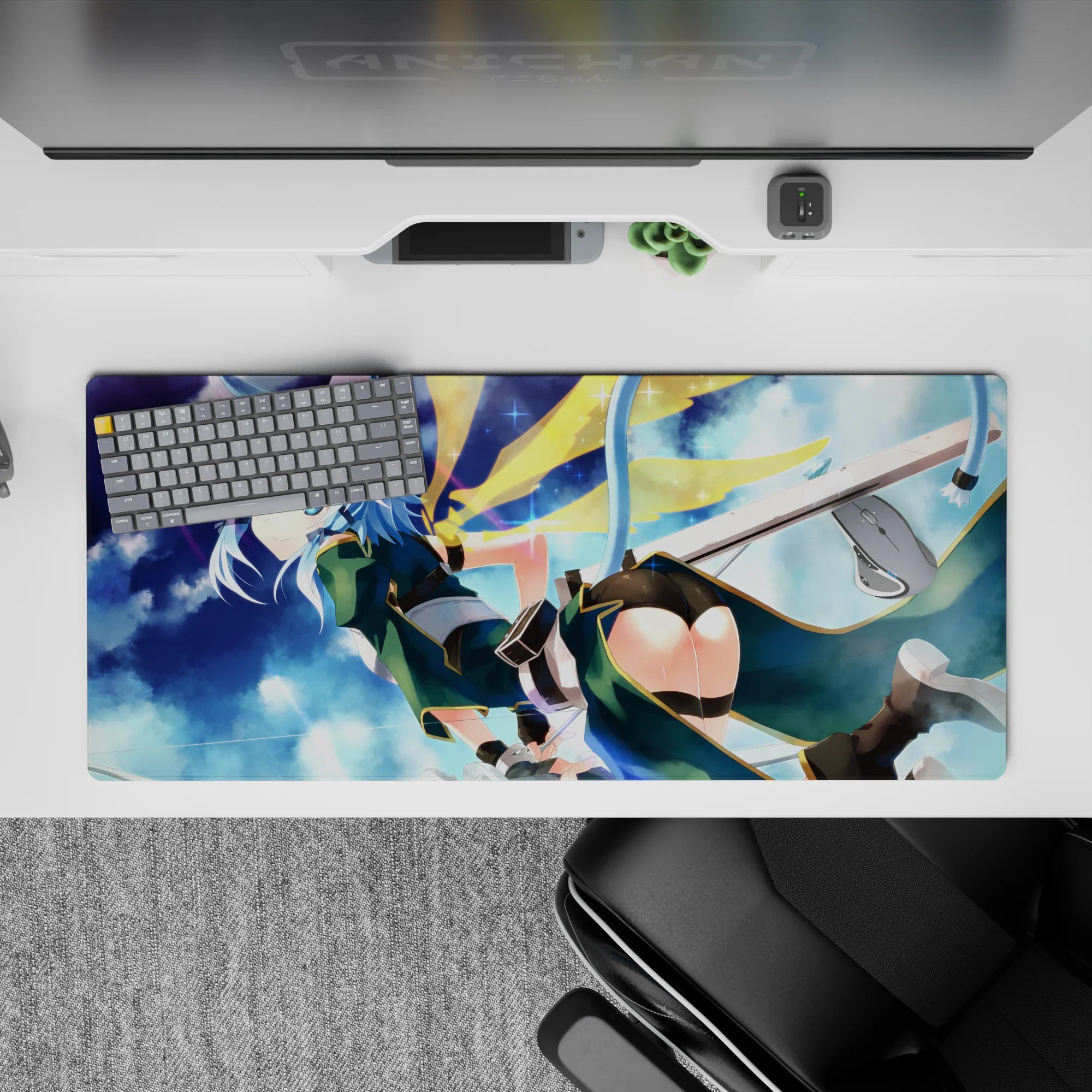 Anime desk pad 36x16 inches featuring Sinon from Sword Art Online in teal outfit with cat ears and a dreamy cloudscape.