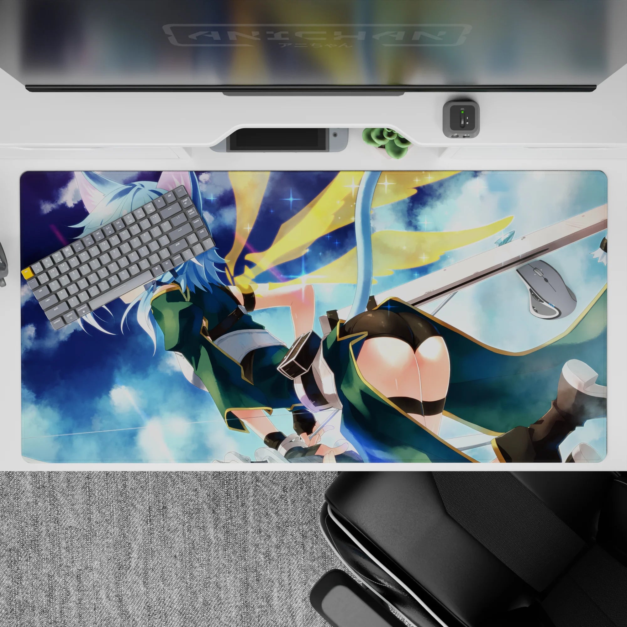 Desk pad 40x20 inches featuring Sinon from Sword Art Online in teal outfit with cat ears, set against a dreamy cloudscape.