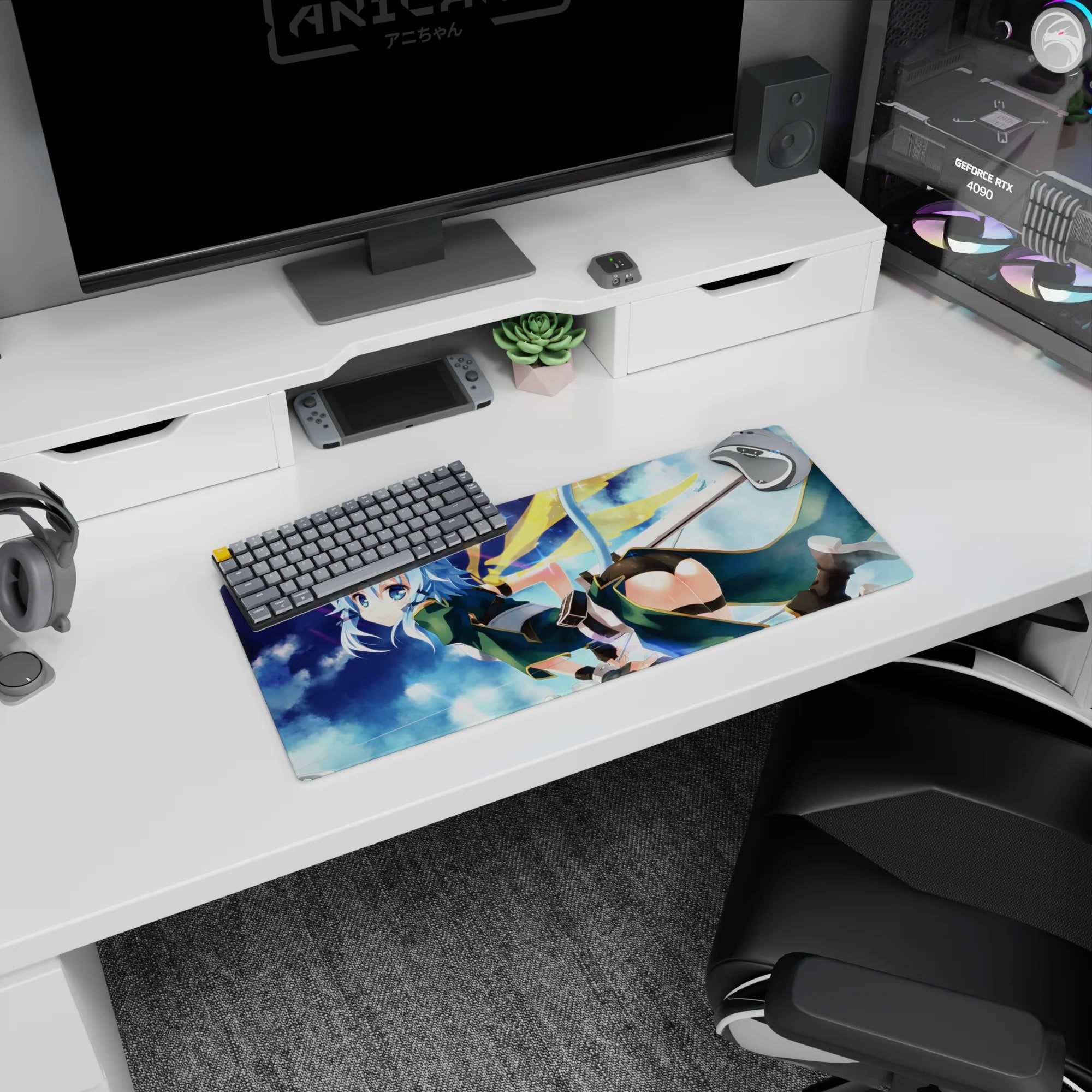 Anime mouse pad 28x12 inches featuring Sinon from Sword Art Online in teal outfit with cat ears against a starry sky.