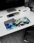Anime mouse pad 28x12 inches featuring Sinon from Sword Art Online in teal outfit with cat ears against a starry sky.