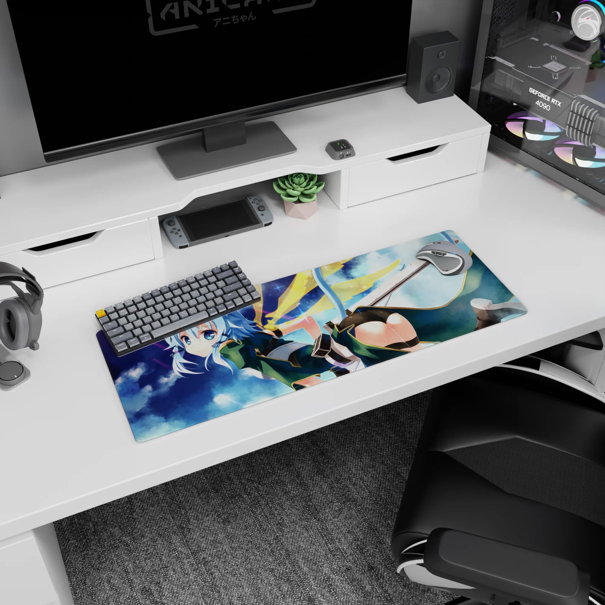 Anime mouse pad featuring Sinon from Sword Art Online, size 32x12 inches. Teal outfit, cat ears, dreamy cloudscape.