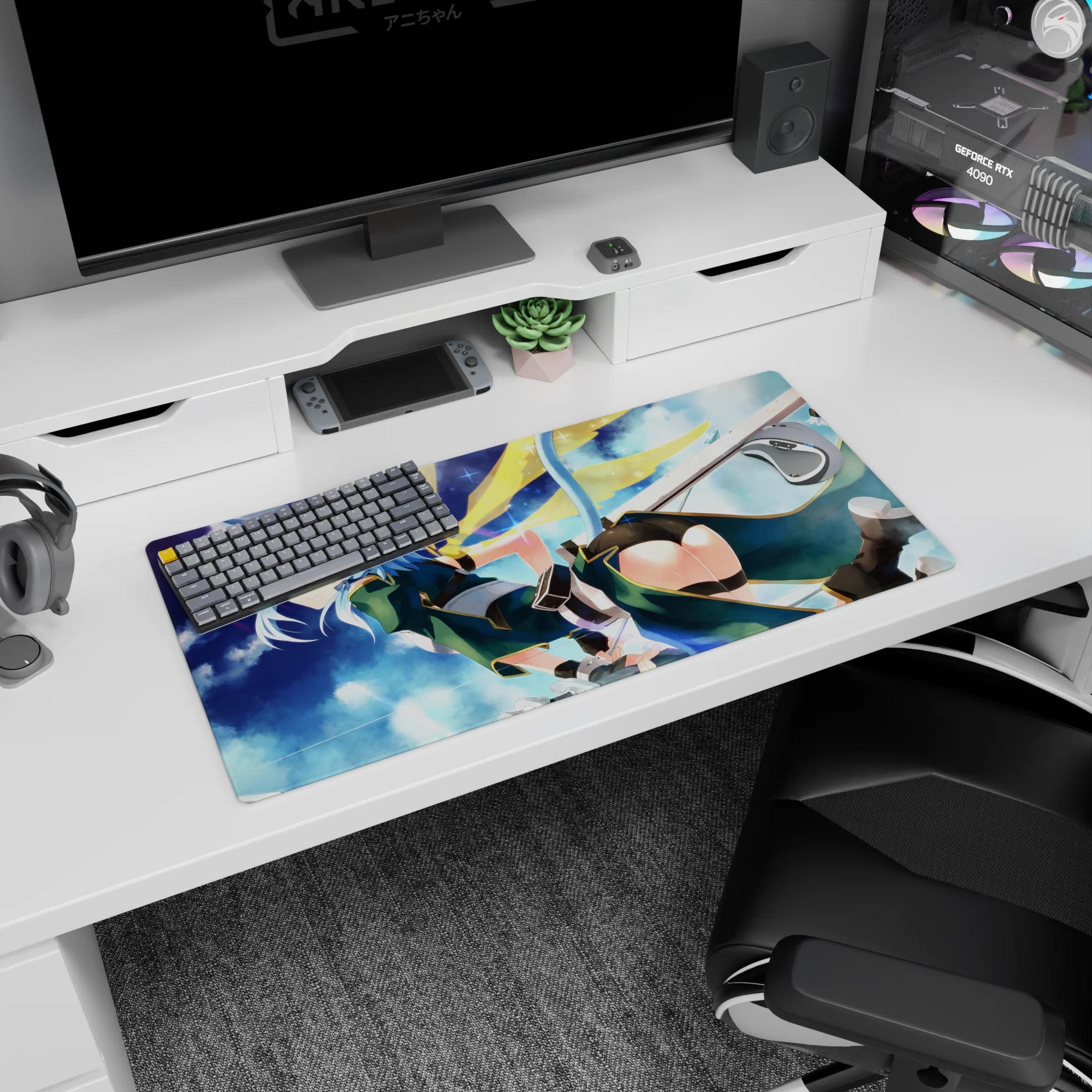 Anime mouse pad 32x16 inches featuring Sinon from Sword Art Online, in teal outfit with cat ears against a starry sky.