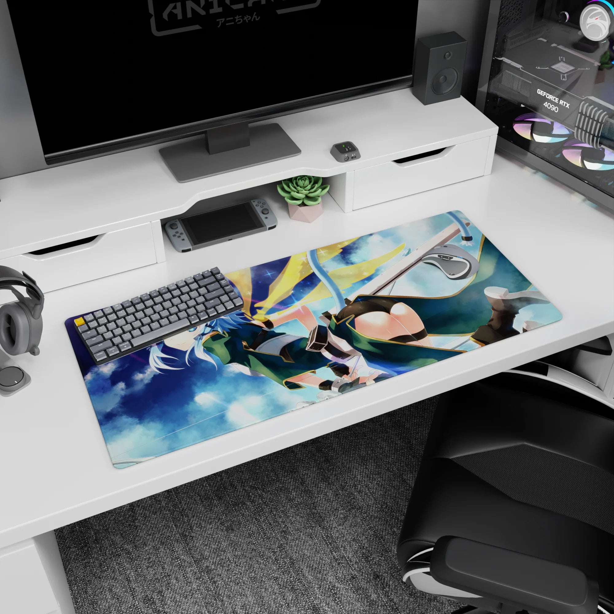 Anime mouse pad featuring Sinon from Sword Art Online, size 36x16 inches, with a whimsical starlit sky and teal outfit.