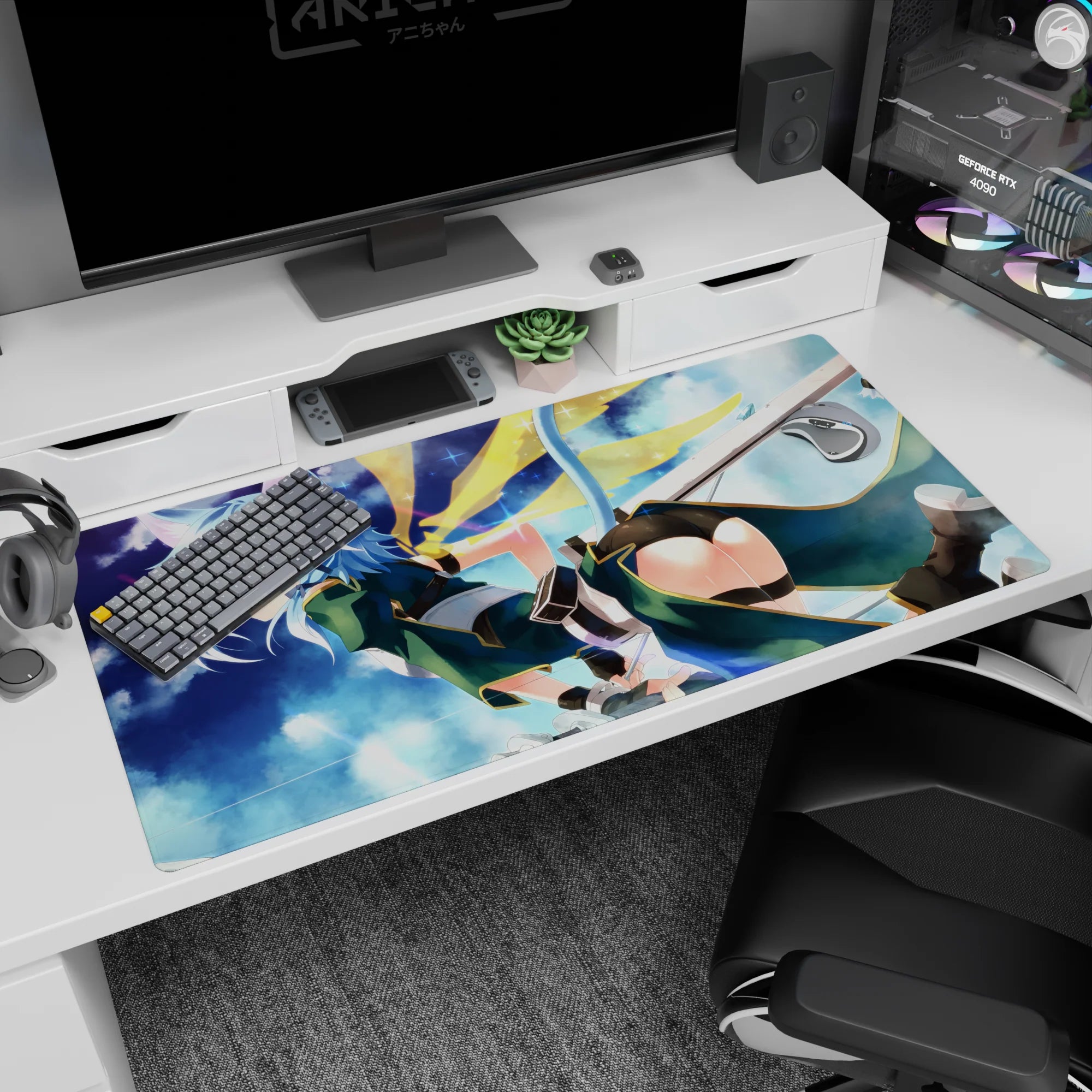 Desk pad featuring Sinon from Sword Art Online in teal outfit with cat ears against a starlit sky, size 40x20 inches.