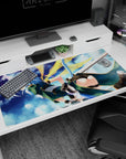 Desk pad featuring Sinon from Sword Art Online in teal outfit with cat ears against a starlit sky, size 40x20 inches.