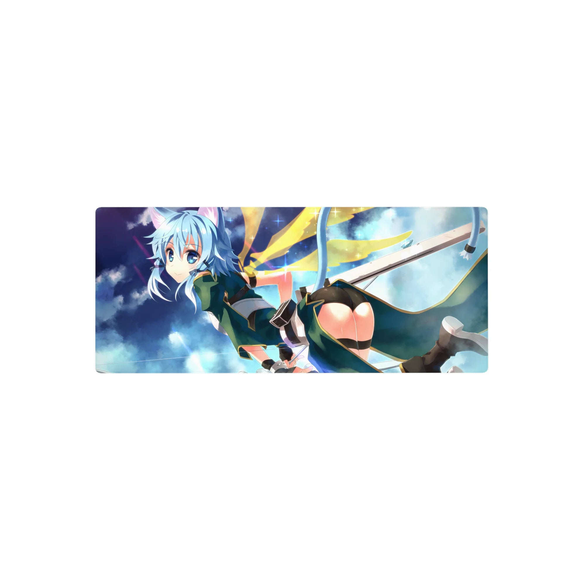 Anime mouse pad 28x12 inches featuring Sinon from Sword Art Online, with teal outfit and cat ears against a starry sky.