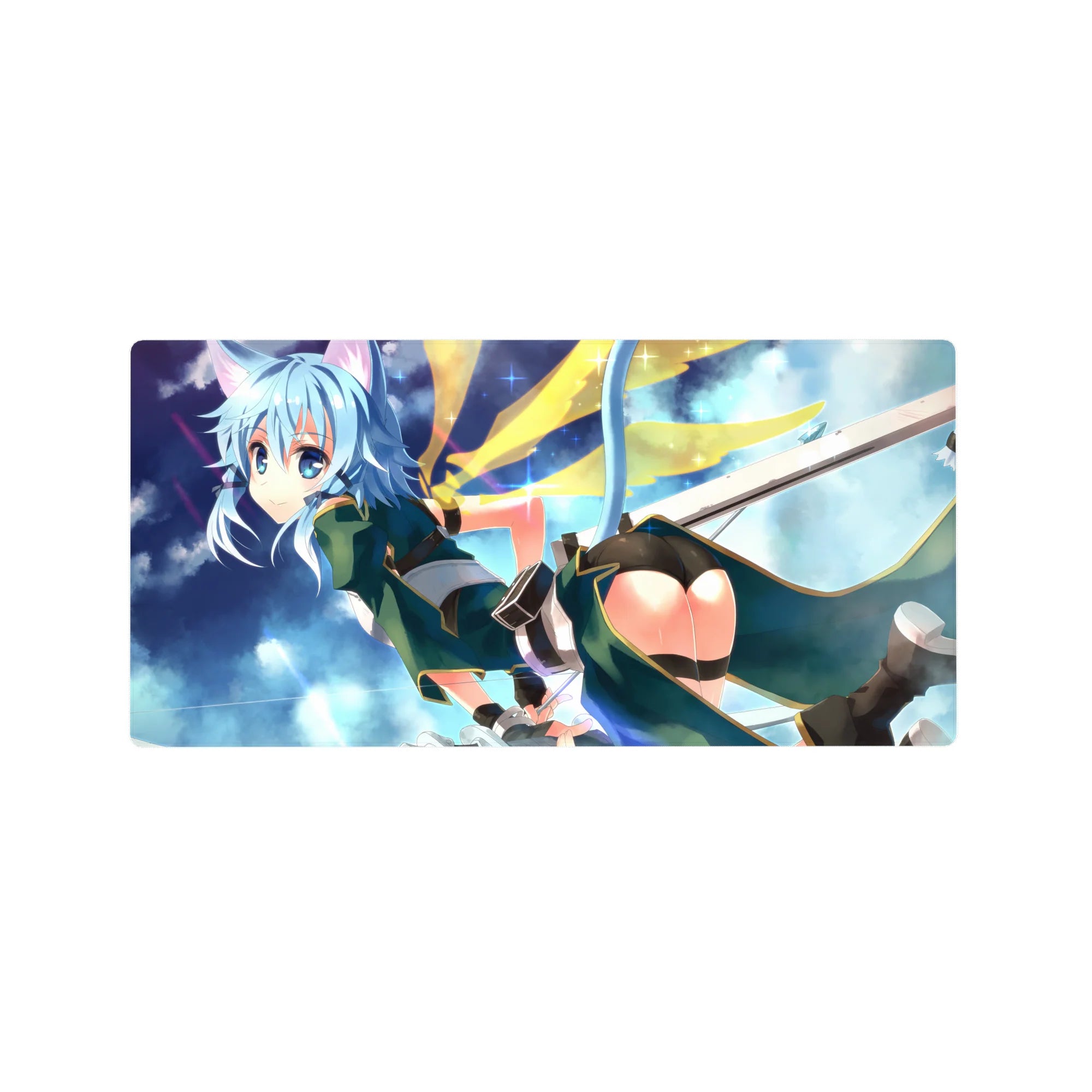 Anime mouse pad 32x16 inches featuring Sinon from Sword Art Online, in a teal outfit with cat ears against a starry sky.