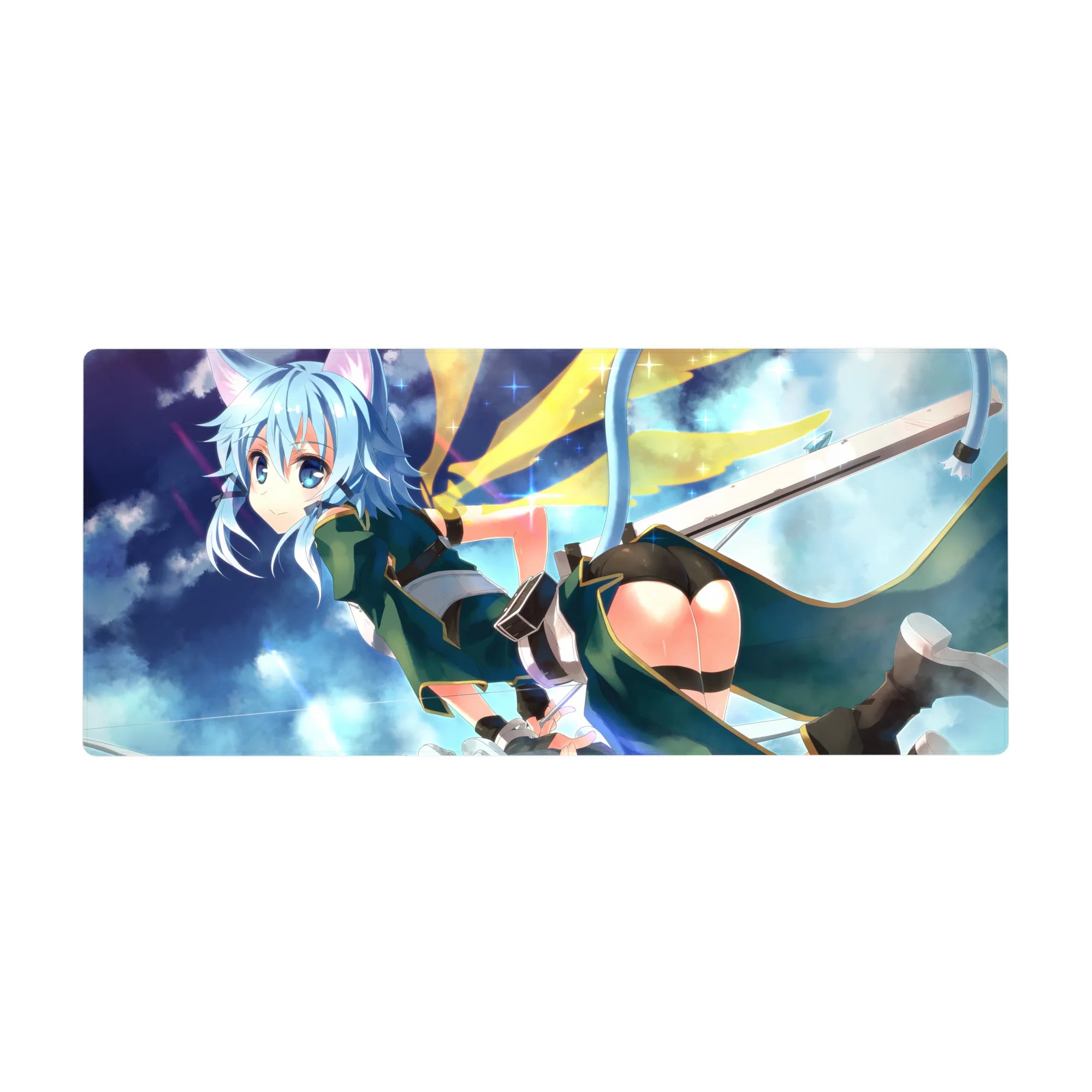 Anime desk pad 36x16 inches featuring Sinon from Sword Art Online with teal outfit, cat ears, and dreamy sky background.