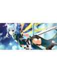 Anime desk pad 36x16 inches featuring Sinon from Sword Art Online with teal outfit, cat ears, and dreamy sky background.