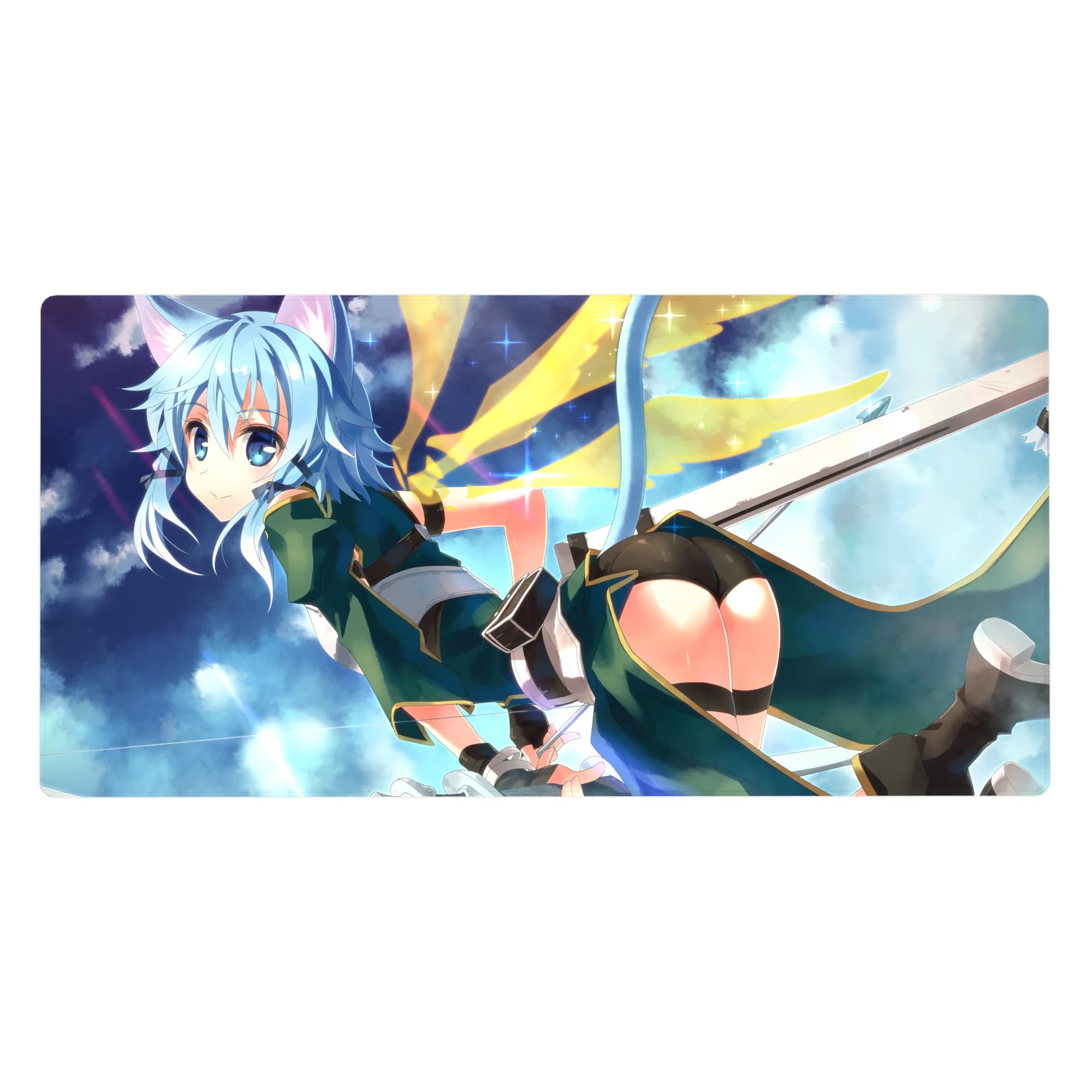 Anime mouse pad 40x20 inches featuring Sinon from Sword Art Online in teal outfit, dreamy cloudscape, and cat ears.