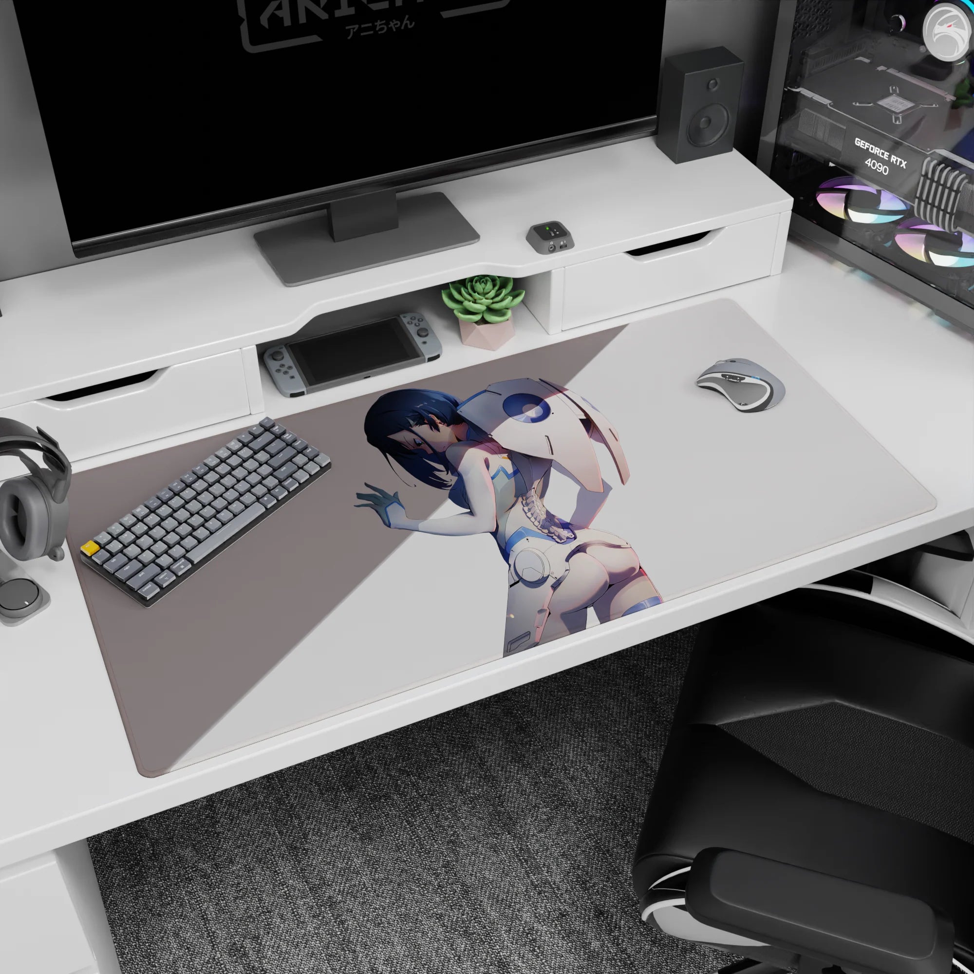 Large 40x20 inches desk pad featuring Ichigo from Darling in the Franxx, highlighting her elegance in a sleek futuristic outfit.