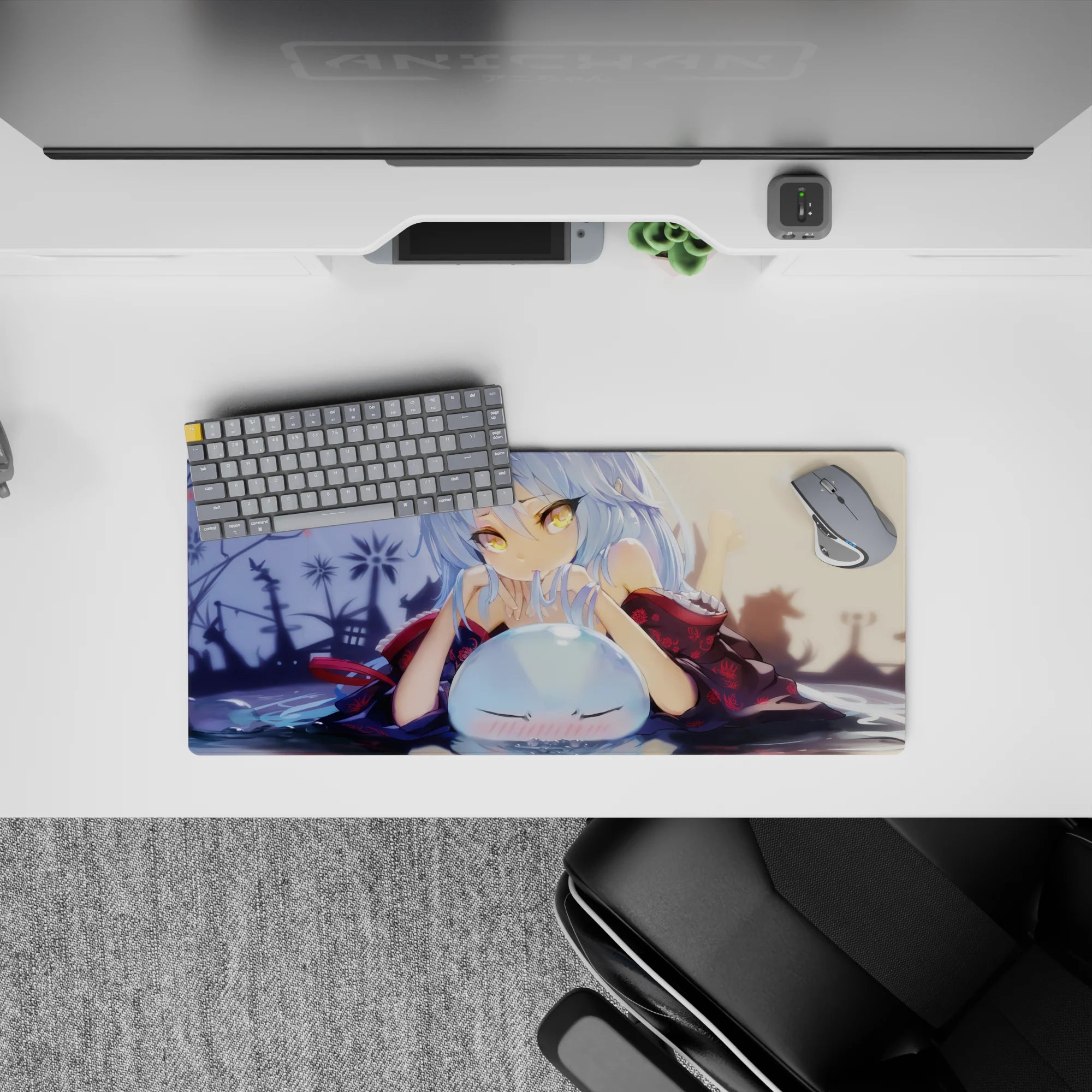 28x12 inches desk mouse pad in warm dusk tones, shadowy garden silhouettes, and golden-eye moonlight vibe.