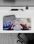 28x12 inches desk mouse pad in warm dusk tones, shadowy garden silhouettes, and golden-eye moonlight vibe.