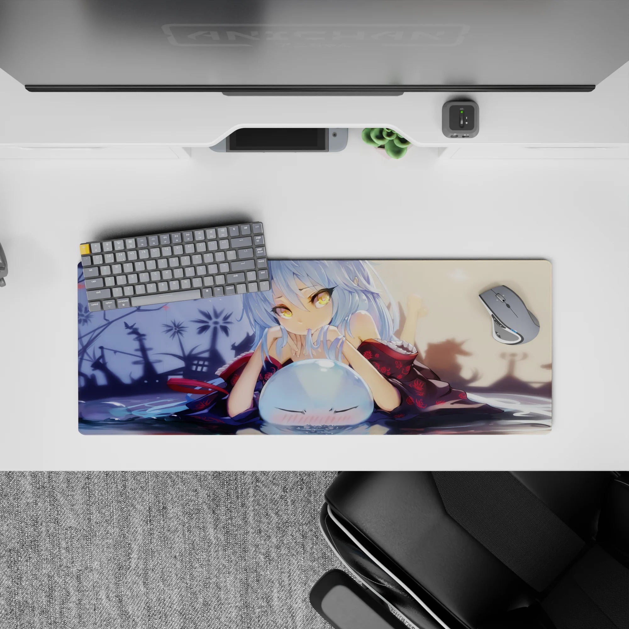 Warm dusk-toned anime girl mouse pad 32x12 inches with moonlit blue hair, gold eyes, and garden shadows.