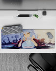 Warm dusk-toned anime girl mouse pad 32x12 inches with moonlit blue hair, gold eyes, and garden shadows.