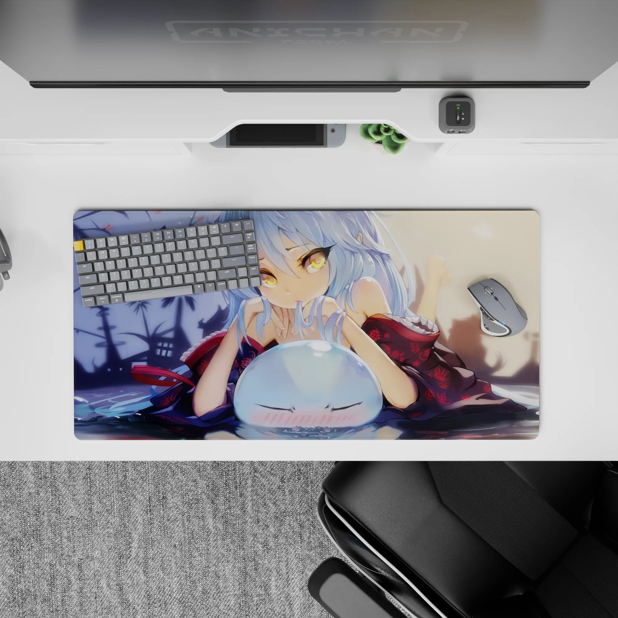 32x16 inches anime mouse pad in warm dusk tones with soft blue hair, golden eyes, and shadowy garden vibes.