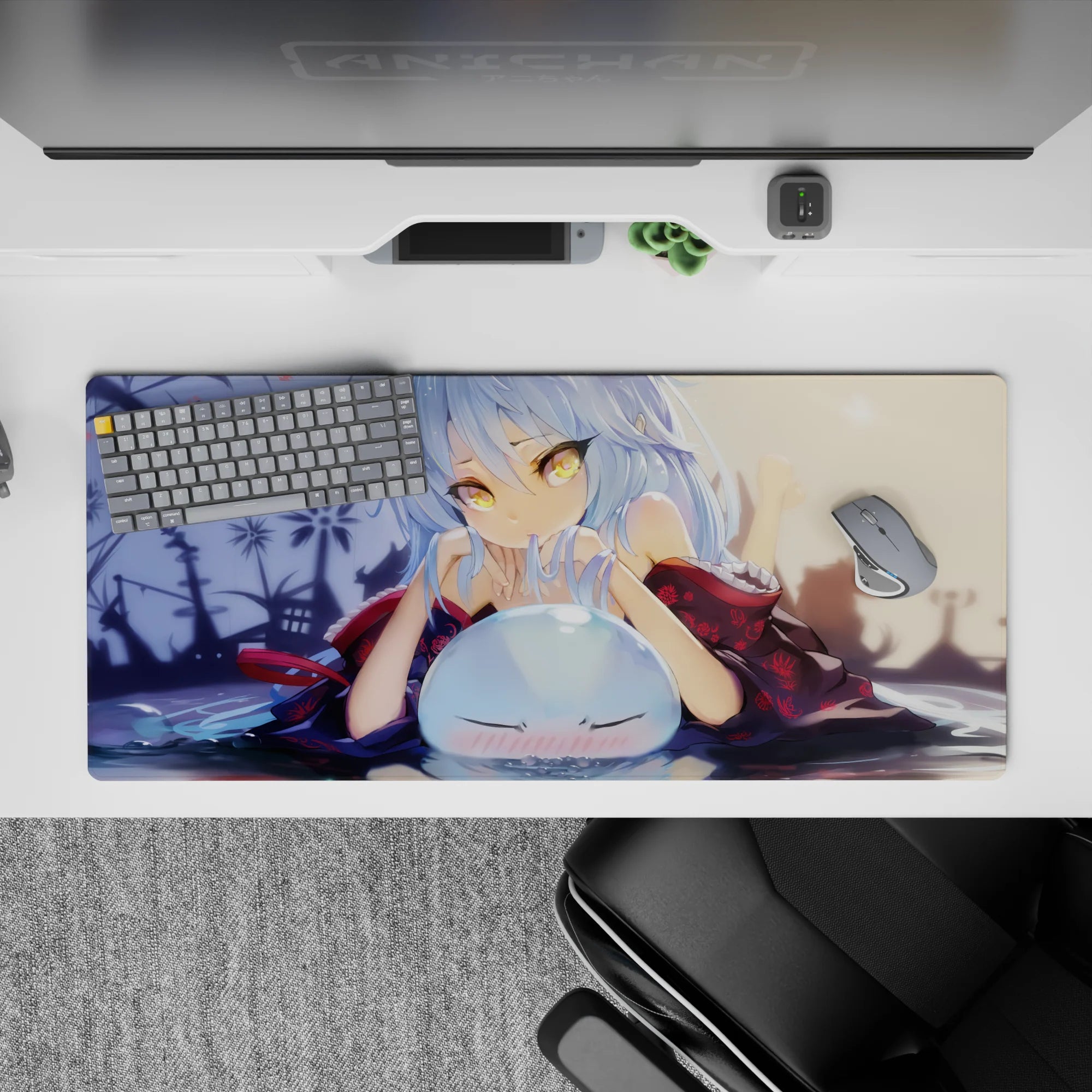 36x16 inches desk pad in warm dusk tones with shadowy garden backdrop, moonlit blue hair, and gold eyes.
