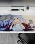 36x16 inches desk pad in warm dusk tones with shadowy garden backdrop, moonlit blue hair, and gold eyes.