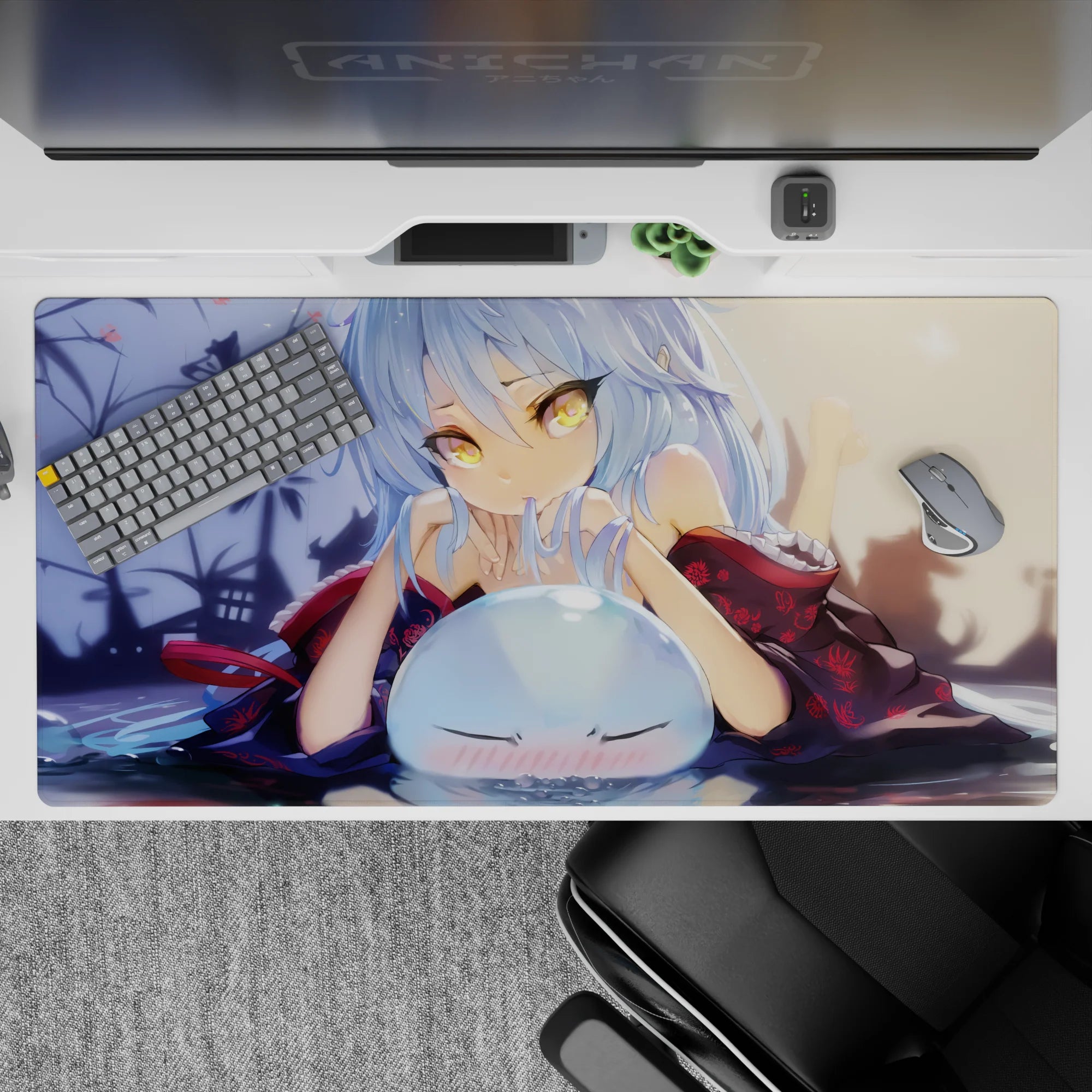 40x20 inches anime desk pad in warm dusk tones, soft blue hair, golden eyes, and moonlit vibe.