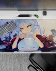 40x20 inches anime desk pad in warm dusk tones, soft blue hair, golden eyes, and moonlit vibe.