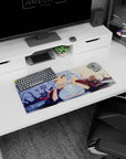 28x12 inches anime mouse pad showing a teasing golden-eyed girl in a dark floral kimono with cute slime.