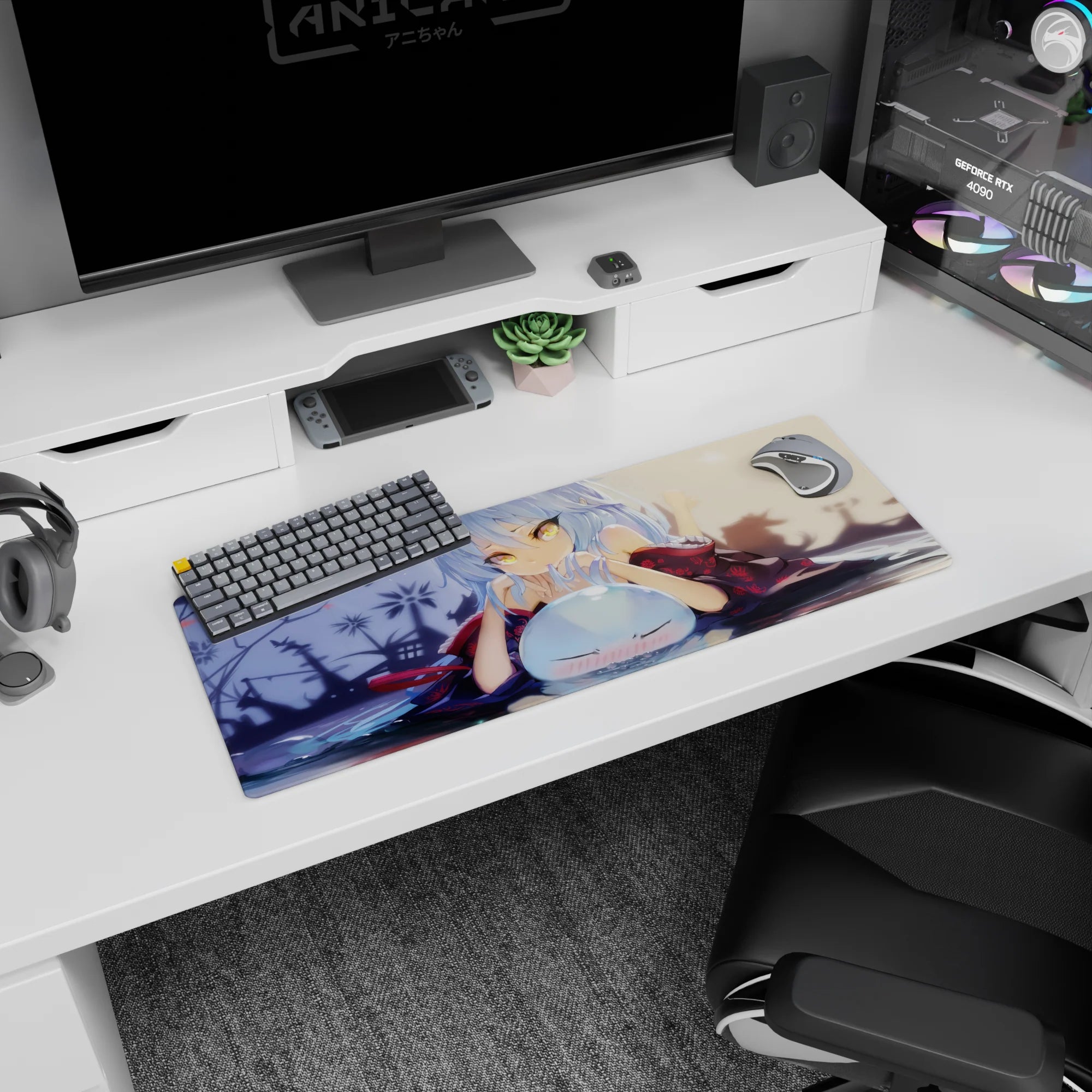 Blue-haired anime girl in dark floral kimono teasing pose with butterflies and slime on mouse pad 32x12 inches.