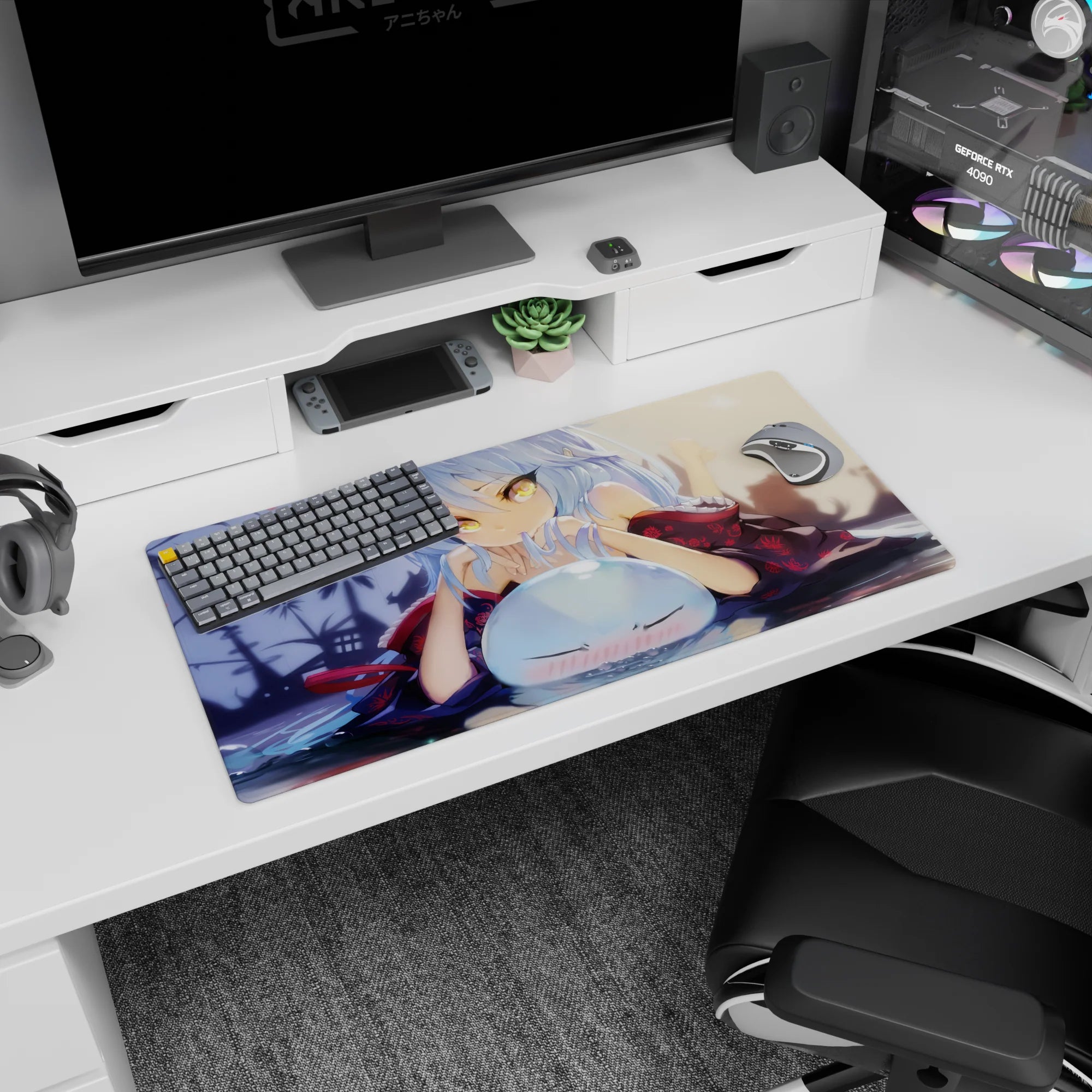 32x16 inches anime girl mouse pad featuring a teasing kimono girl with fingers to lips and a squishy slime.