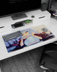 32x16 inches anime girl mouse pad featuring a teasing kimono girl with fingers to lips and a squishy slime.