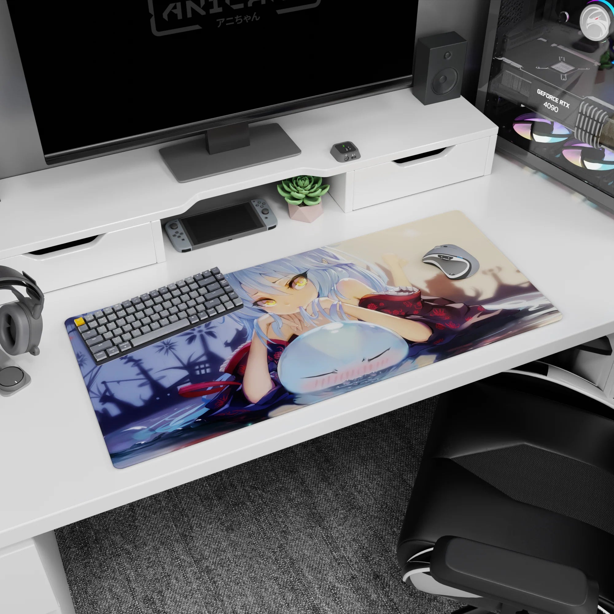 36x16 inches anime desk pad showing teasing blue-haired girl in dark kimono, finger to lips, blushing slime.