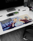 36x16 inches anime desk pad showing teasing blue-haired girl in dark kimono, finger to lips, blushing slime.