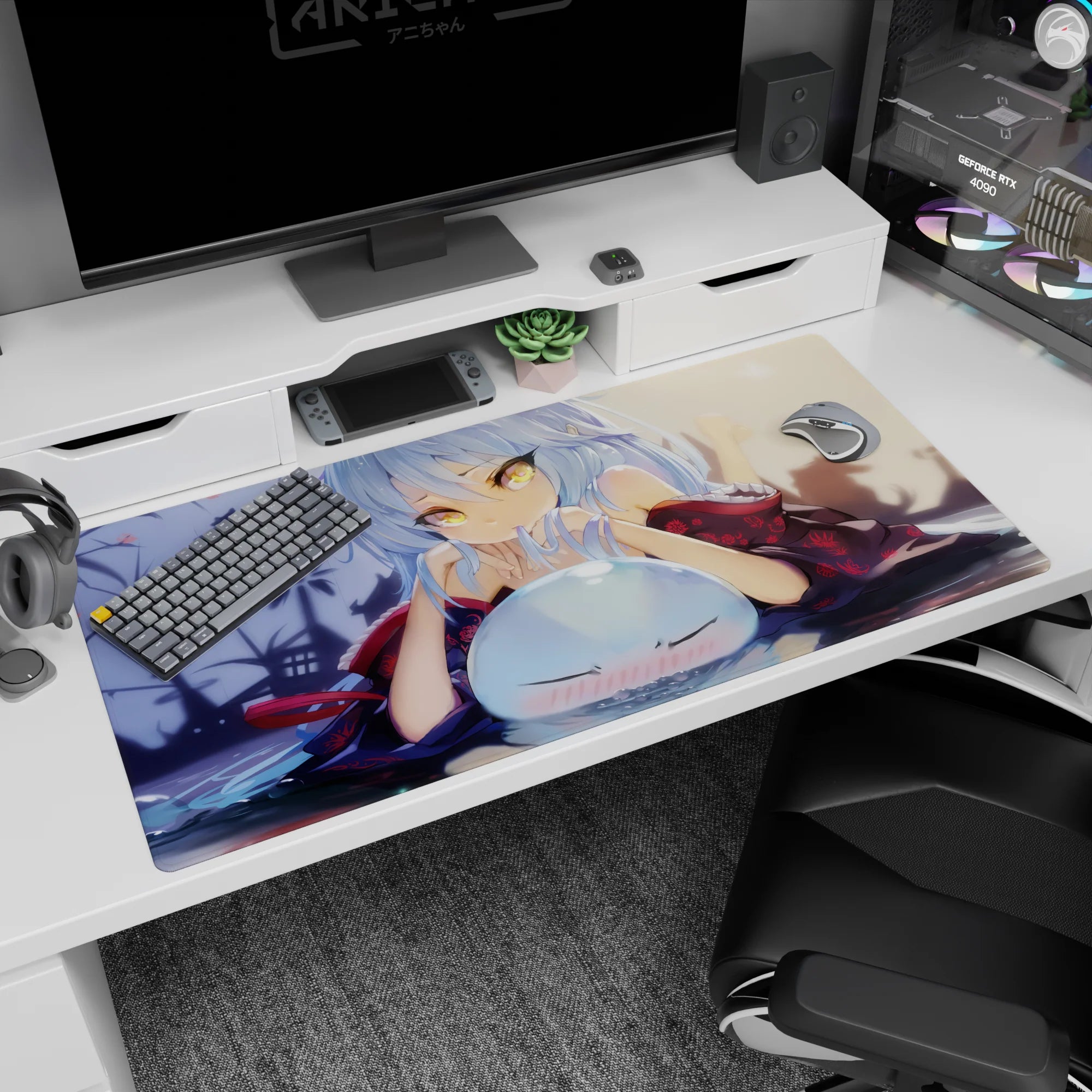 40x20 inches anime girl desk pad featuring a teasing kimono beauty and a squishy pink slime in front.