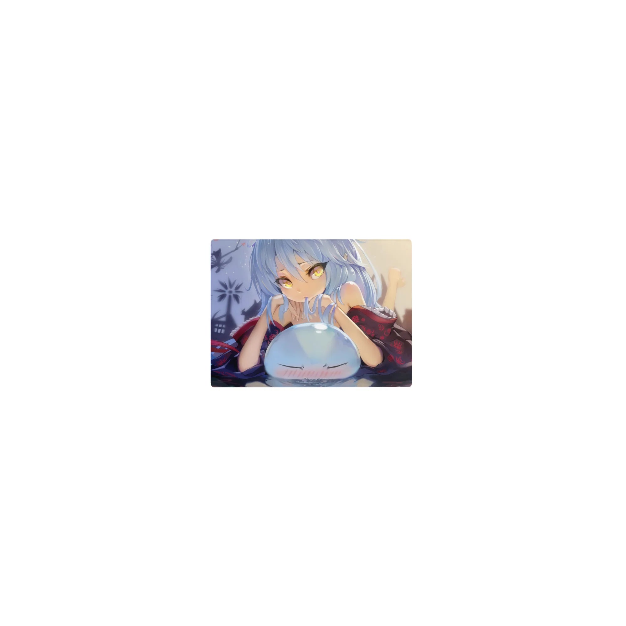 14x10 inches classic anime girl mouse pad with blue-haired kimono girl, butterflies, and blushing slime.