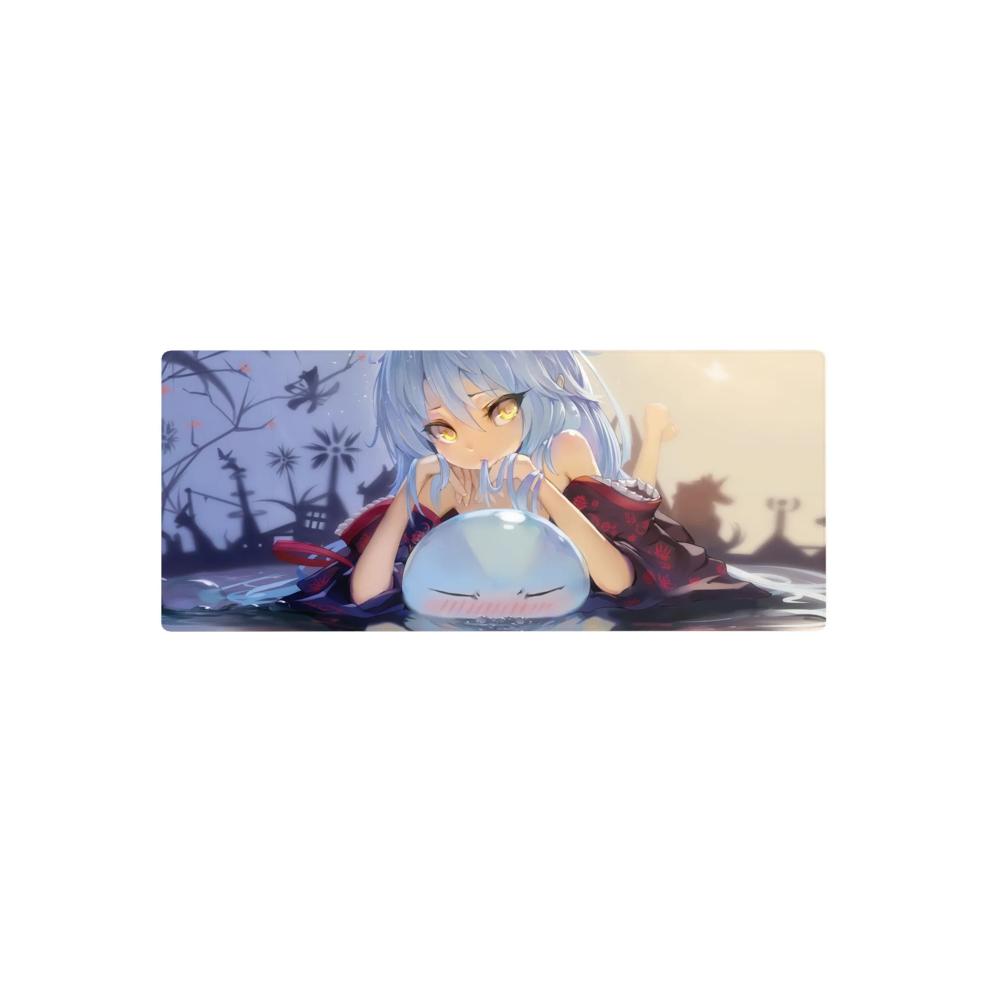 28x12 inches anime girl mouse pad with blue-haired kimono beauty, butterflies, and a blushing slime.
