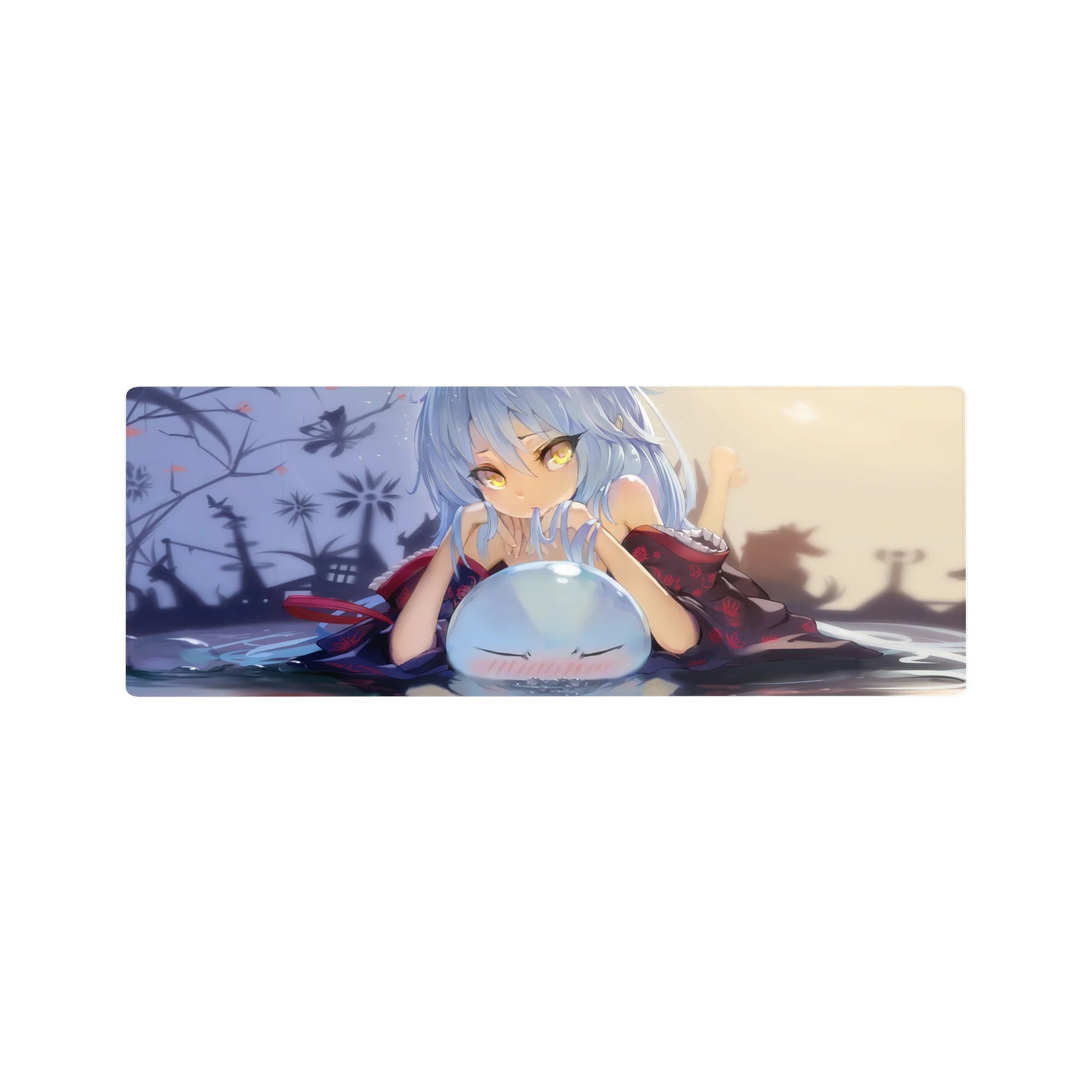 Anime girl mouse pad 32x12 inches with blue-haired kimono beauty, butterflies, and cute blushing slime.